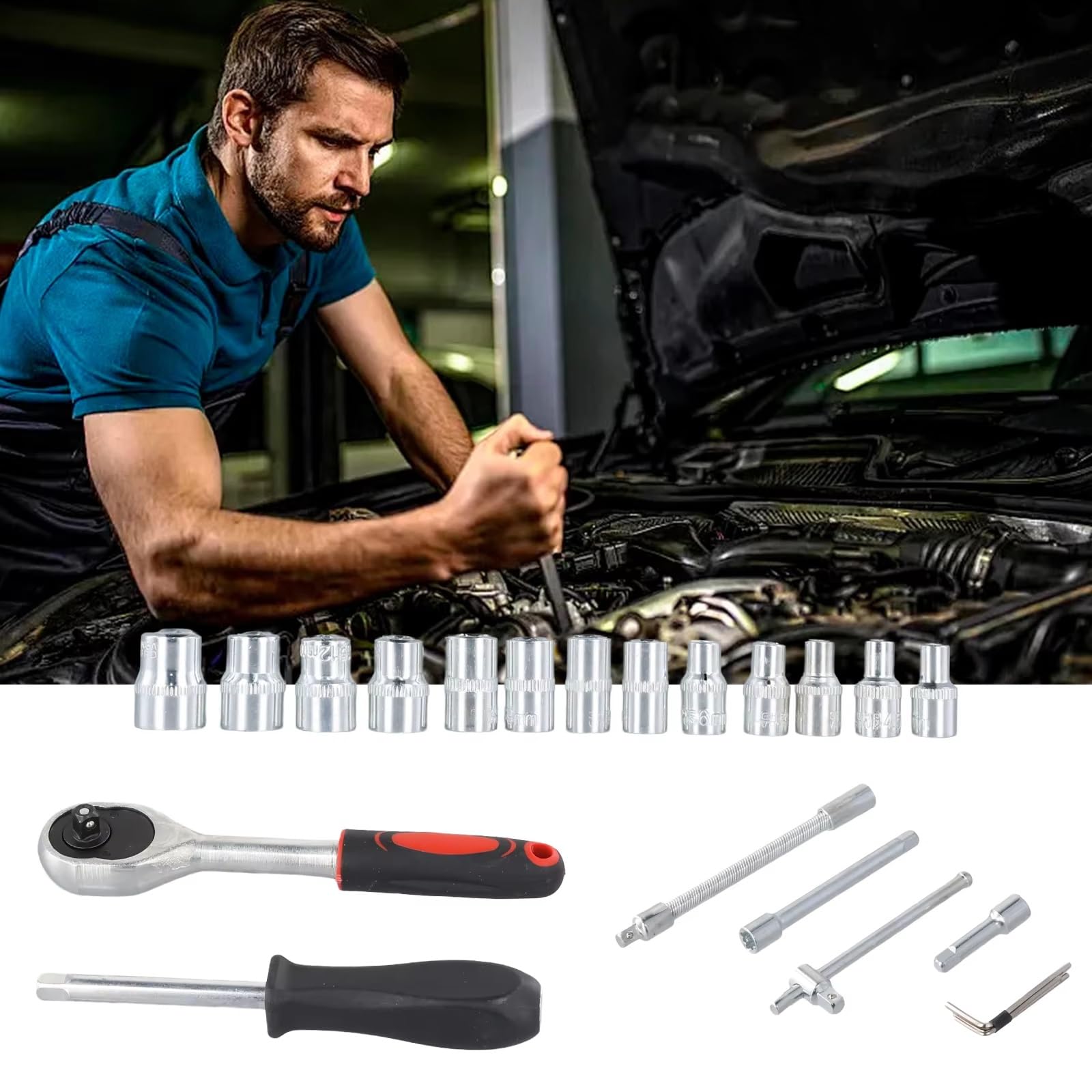 Llave Carraca Juego Herramientas Manuales Reparación Automotriz Caja Herramientas Mecánica Llave Vaso Destornillador De Trinquete 46 Uds.