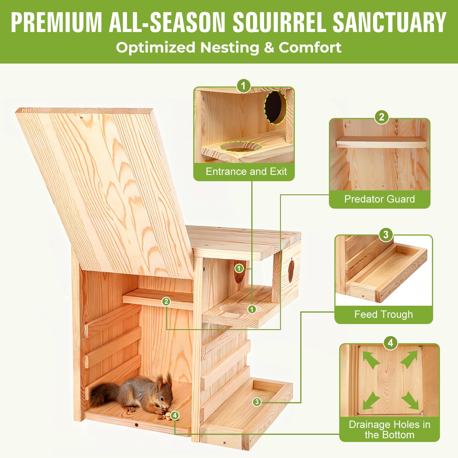 Extra großes Eichhörnchenhaus aus Holz für den Außenbereich – Premium-Holz-Eichhörnchen-Nistkasten, Eichhörnchenkästen für draußen, Unterschlupf, Zucht, Wohnheim, Eichhörnchenhäuser, Eulenhaus
