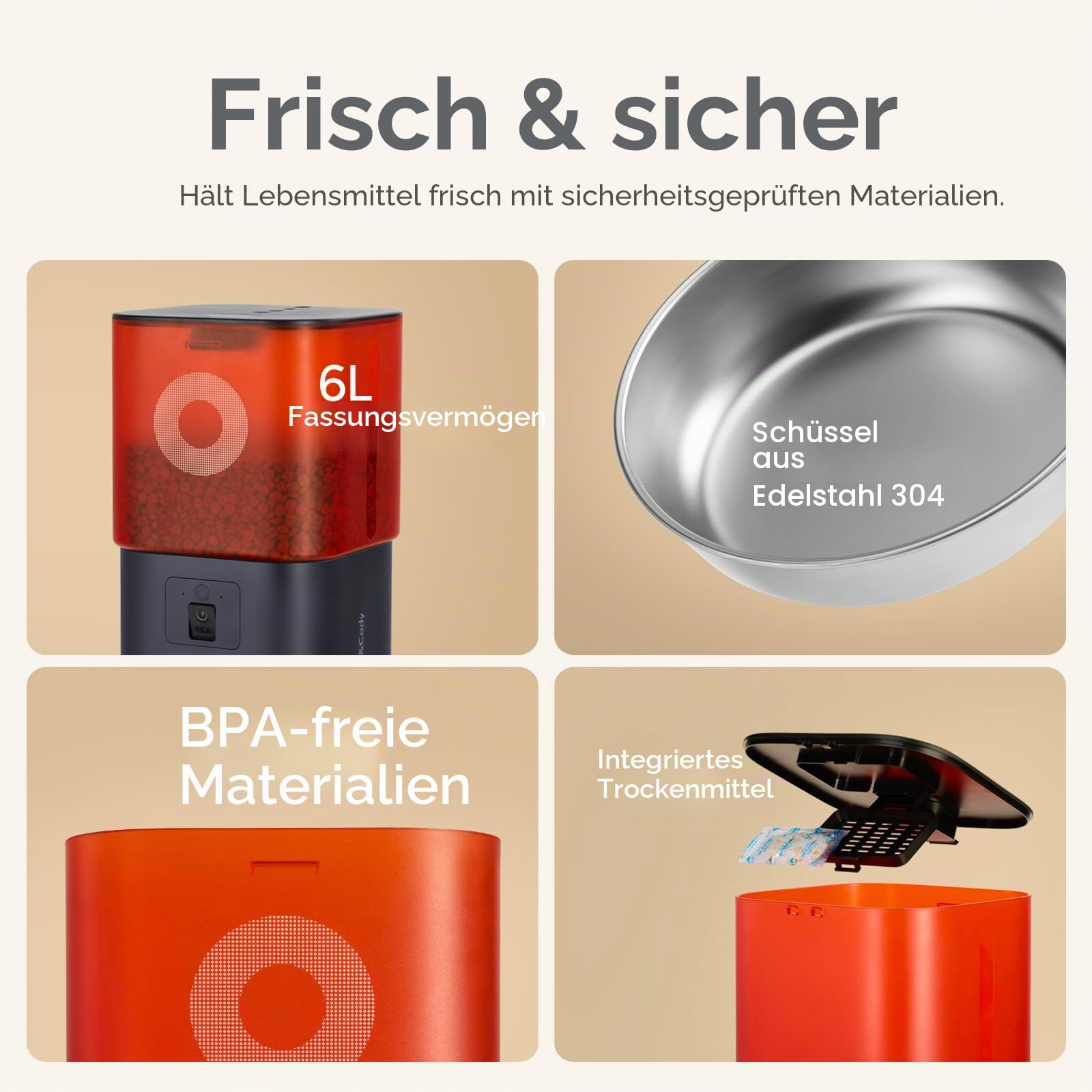 Futterautomat Katze mit Kamera 6L, Automatischer Katzen Futterautomat für Katzen und Hunde, App-Steuerung per WLAN, 2-Wege-Audio, Nachtsicht, Futterspender mit Edelstahlnapf (Schwarz und Rot)