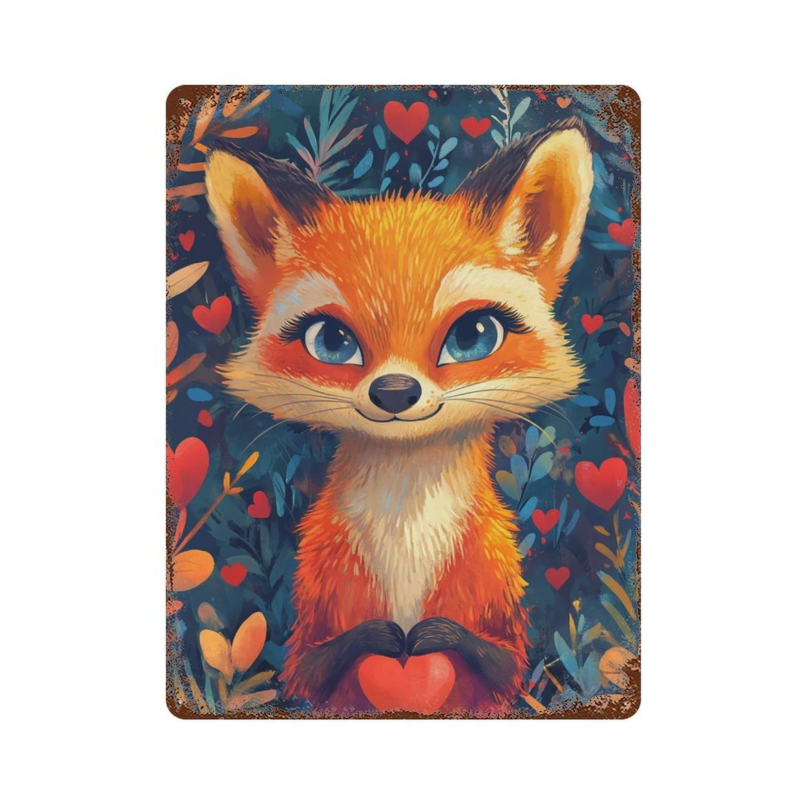 Vintage Metal Tin Sign Fox with Heart Illustration 15.7"x11.8", Classic Wall Plaque for Pub, Kitchen And Man Cave Decor