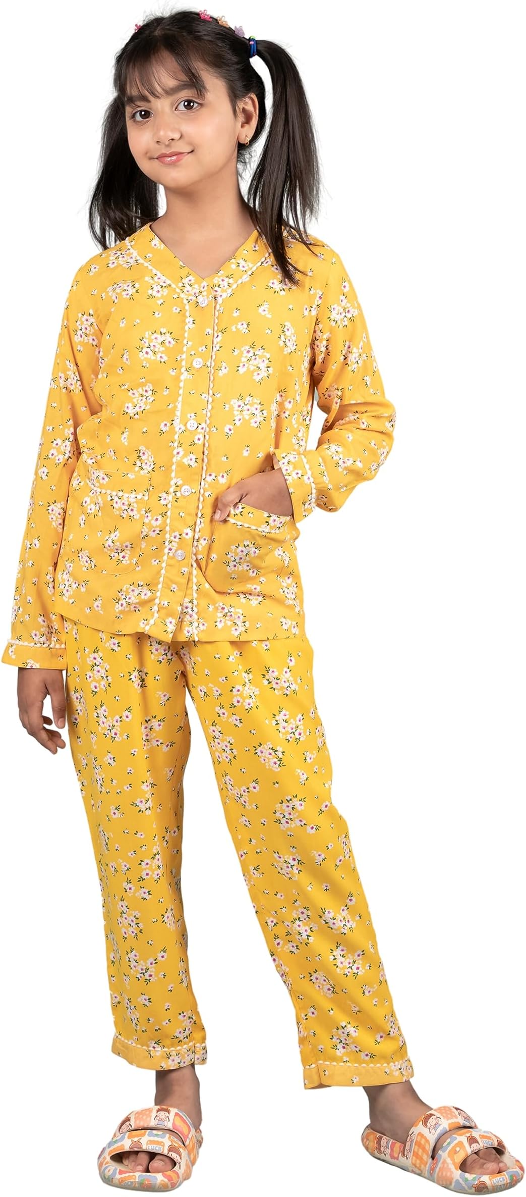 Tweeny MiniKids Girls Sleepwear | Night Suit | Night Wear | Top & Pyjama Set Full Sleeve with Pockets for Girls with Buttons (Pure Rayon)