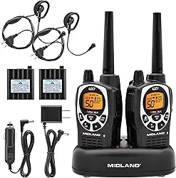 Midland 50 canais à prova d'água GMRS rádio bidirecional – Walkie Talkie de longo alcance com 142 códigos de privacidade, Sirene SOS e alertas meteorológicos NOAA (preto/prata, pacote com par)