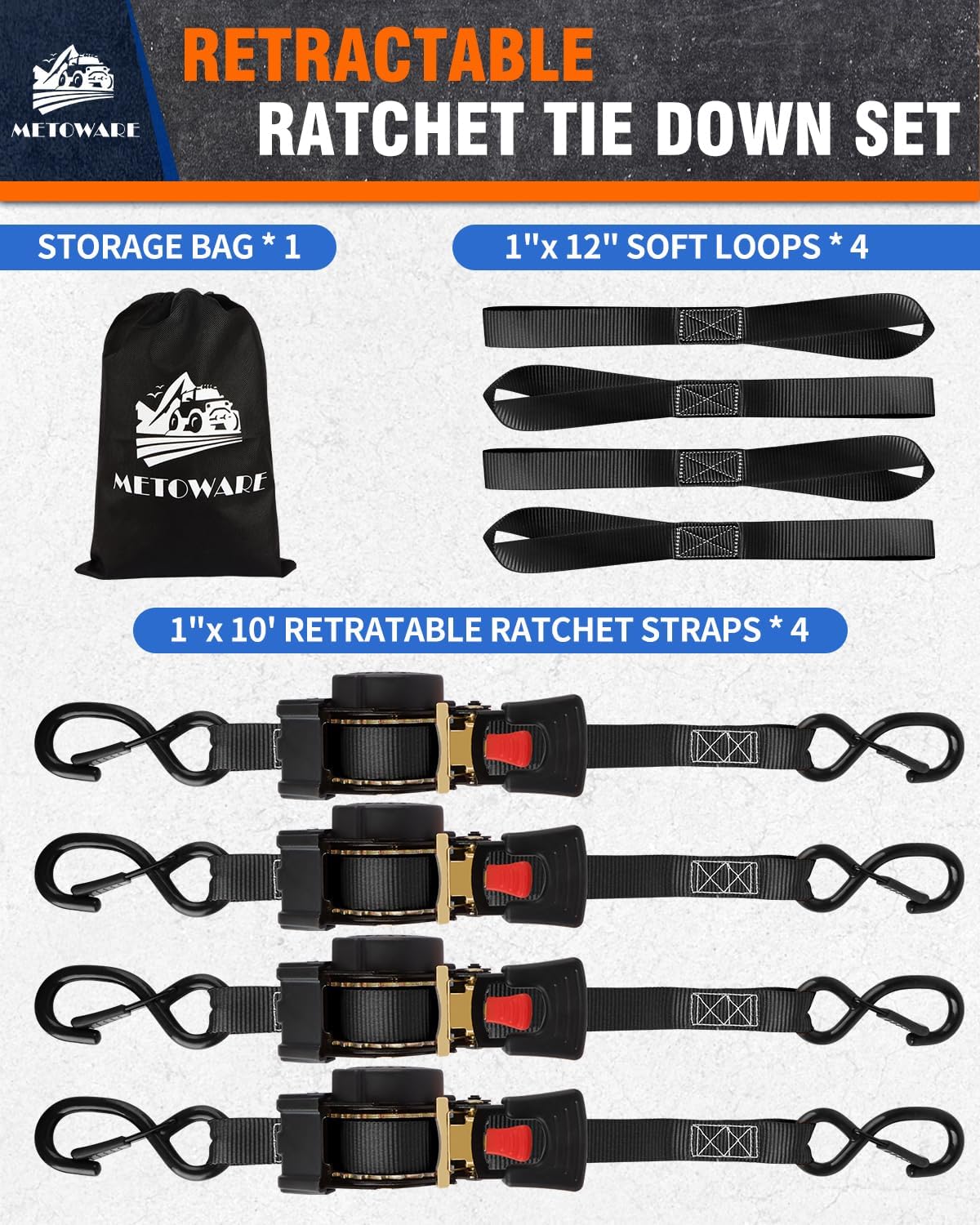 METOWARE Retractable Ratchet Straps (4-Pack) - 1" x 10' (1500lb Break Strength) - Heavy Duty Auto Self Retracting Tie Down Straps for Truck, Trailer, Cargo Van, Motorcycle - Black - Image 6