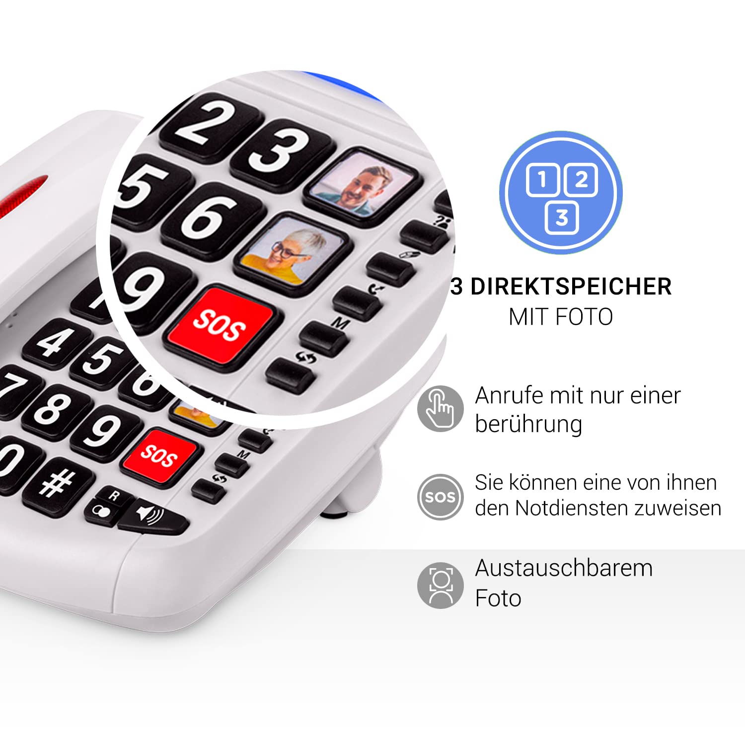 SPC Comfort Volume 2 – Festnetztelefon für Senioren, große Tasten, Lautstärkeverstärker, hörgerätekompatibel, 3 Direktspeicher, Anrufer-ID und Lichtsignal – Weiß
