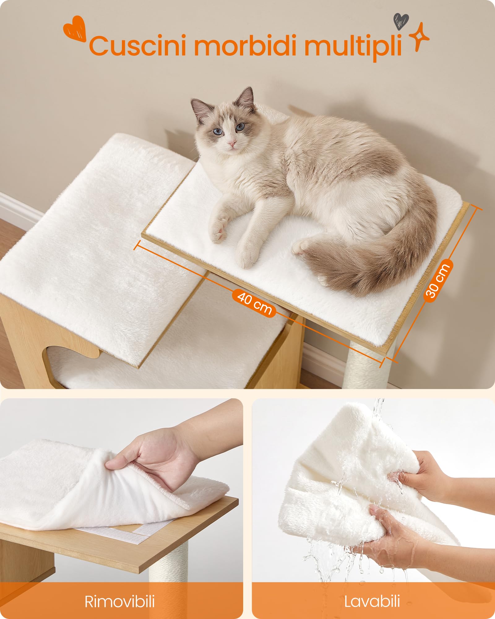 Feandrea Tiragraffi, Albero per Gatti di Truciolato Alto 86 cm, con Grotta, Posatoi, Colonna e Tappeto Graffiatoio in Sisal, Lavabili Tappeti in Pelliccia Sintetica, Giallo Mandorla PCT070Y101