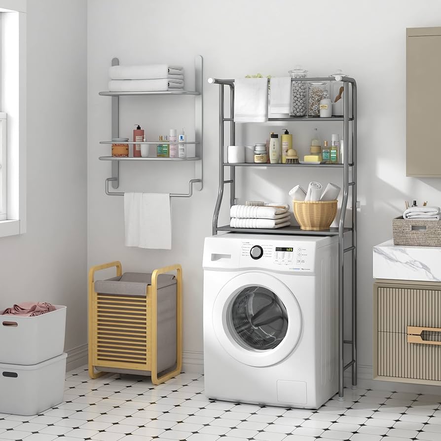 Scaffale Per Lavatrice A 3 Ripiani - Argento, 69x28x169 Cm | Salvaspazio Per Bagno E Lavanderia