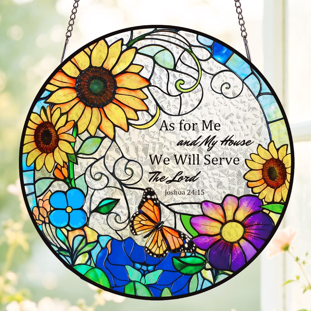 SUPERDANT 1Pc Sunflower Stained Glass Sun Catcher Round Window Decor Bible Rainbow Light Prism Suncatcher Hanging Glass Art For Home Window Decoration Colorful 8Inch/20cm