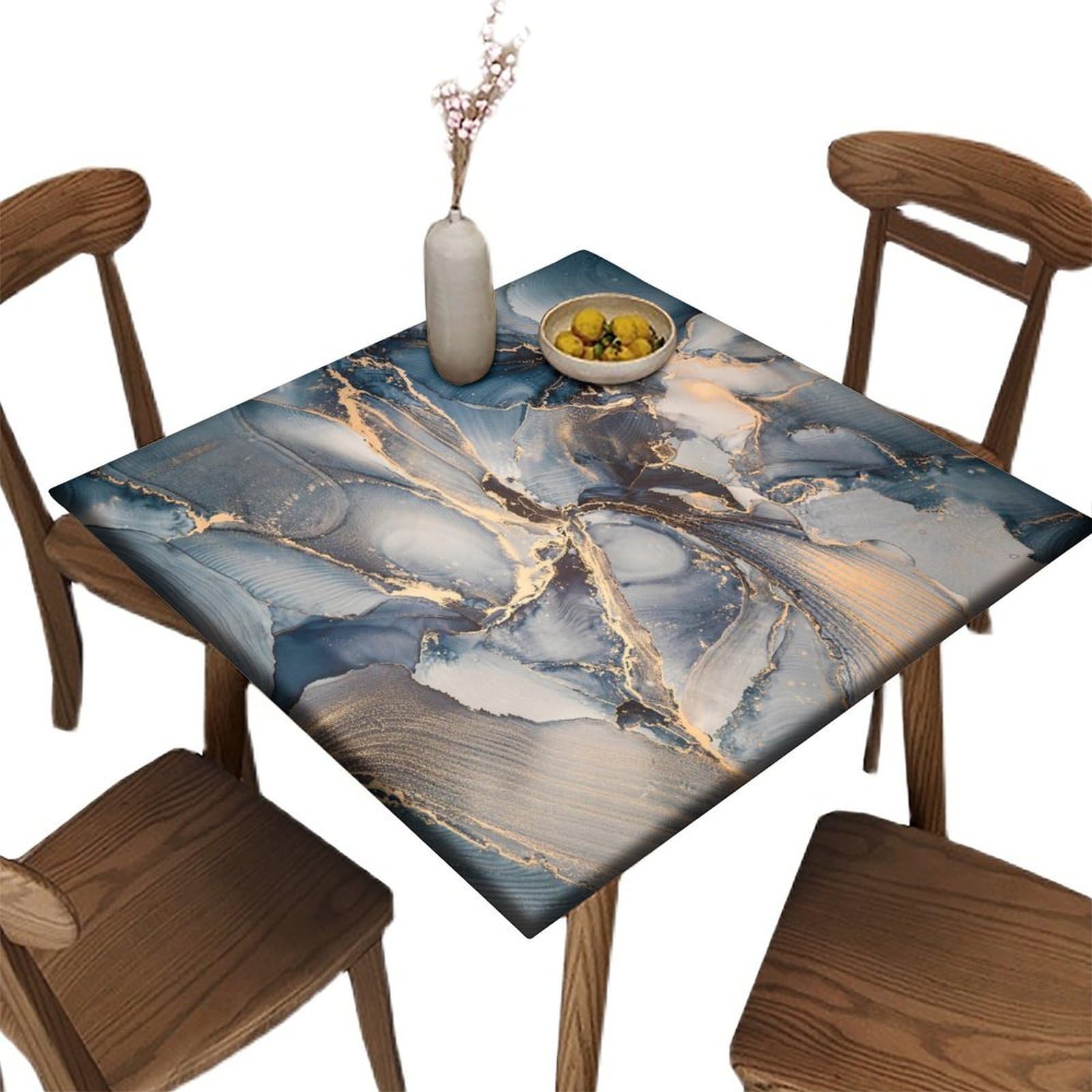 Bictucem Elastic Edge Square Fitted Tablecloth, Marble Royal Blue Gilded Gold Polyester Table Cover, for Indoor Restaurant or Outdoor Patio Party
