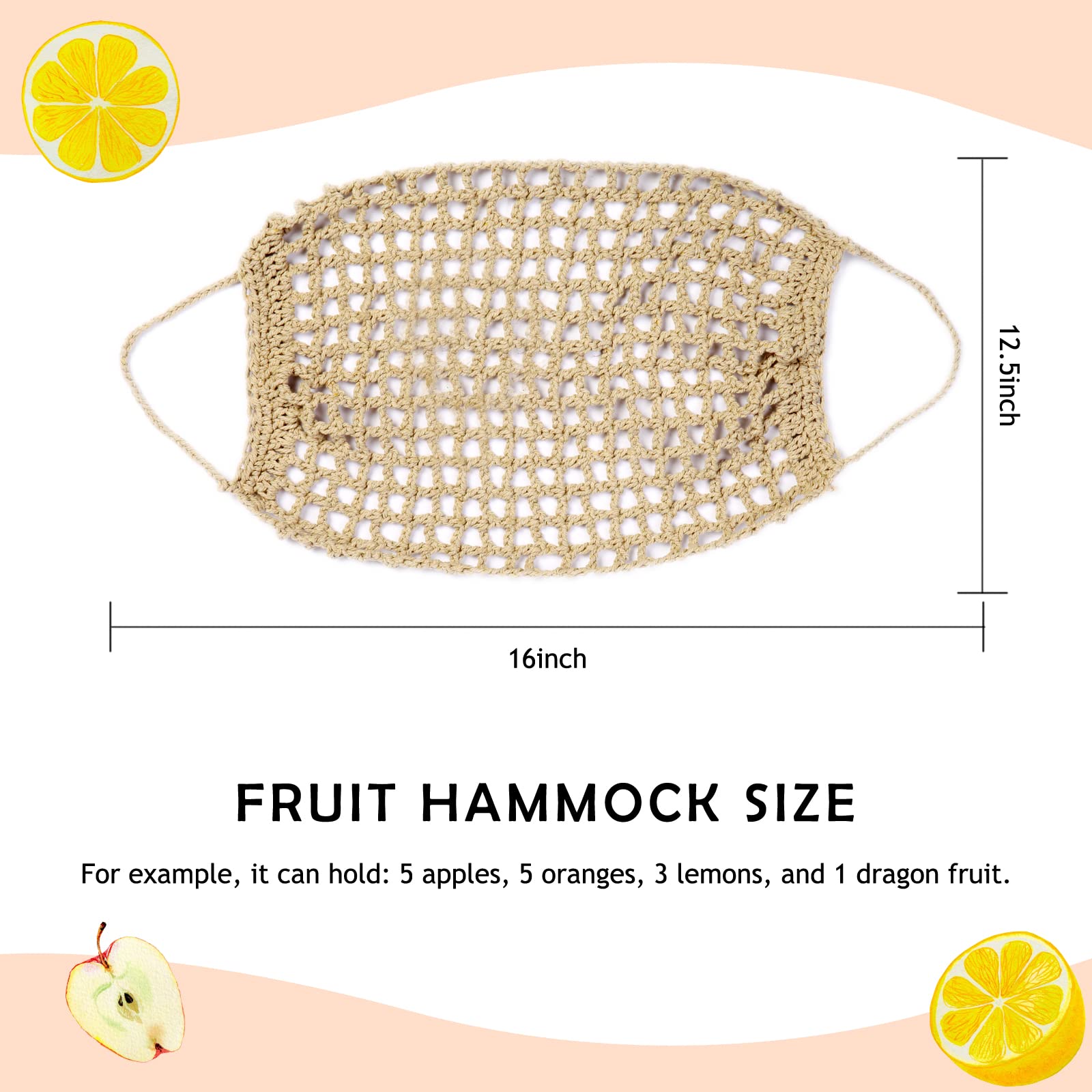 Fruit Hammock for Kitchen Under Cabinet,Large Macrame Fruit Hammock for Kitchen Décor,Storage That Saves Counter For More Counter Space at Home, Boat, or Rv,with 4 Hooks.(nature)