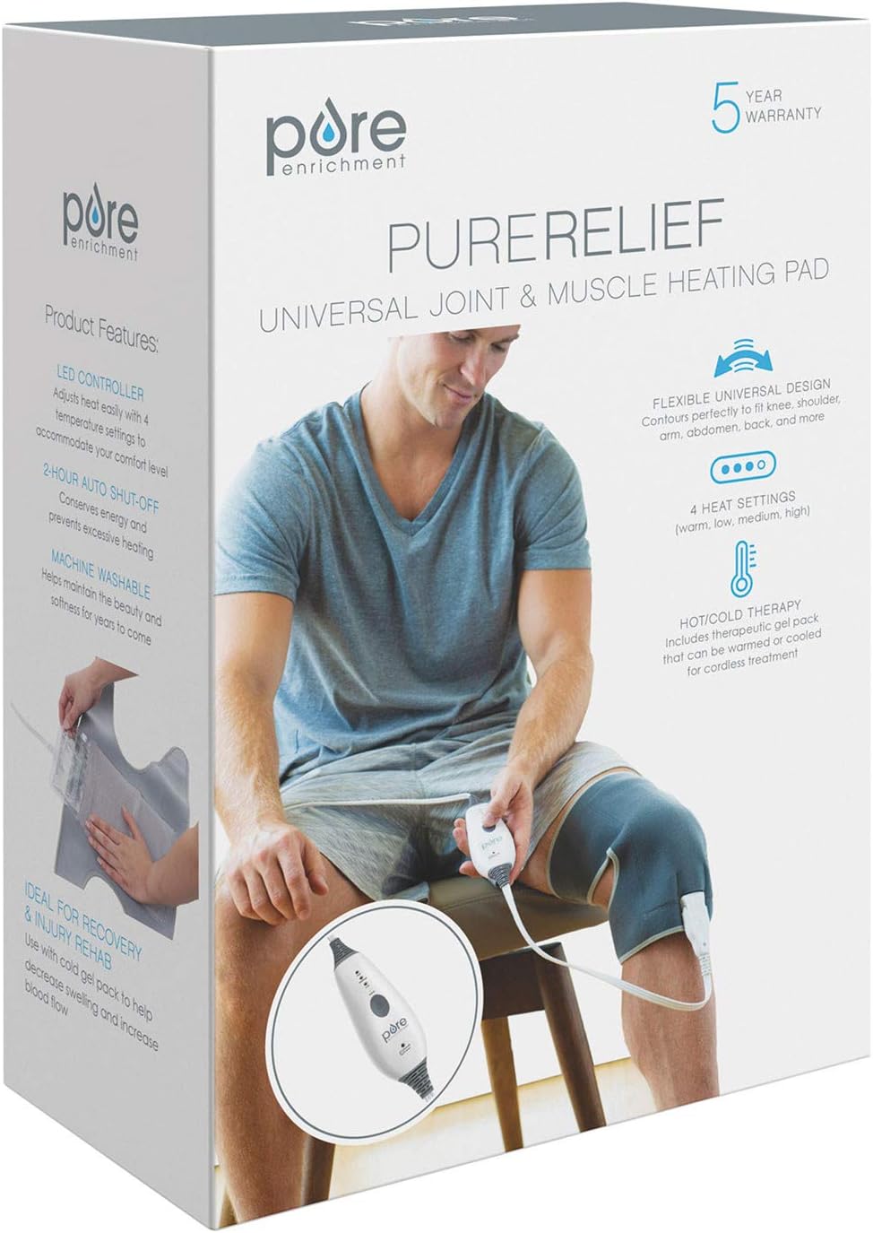 Pure Enrichment PureRelief Universal Joint & Muscle Heating Pad - 4 Heat Settings, Adjustable Straps, Hot/Cold Gel Pack, Storage Bag - Ideal for Temporary Pain Relief for Shoulder, Arm, Knee & Elbow