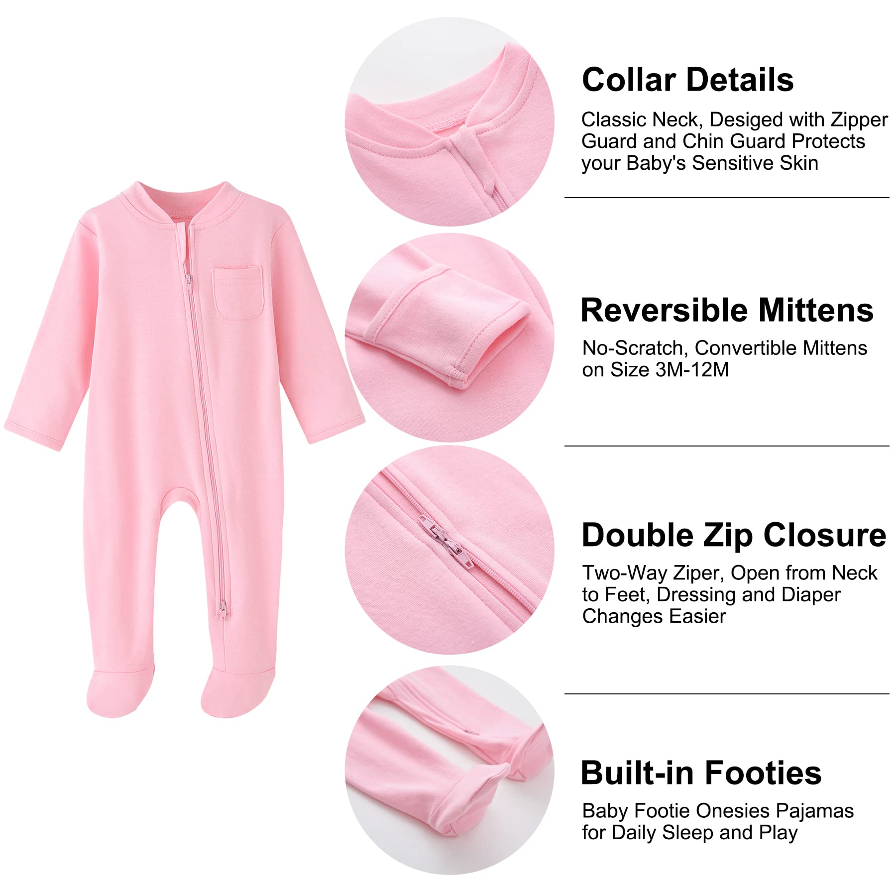 BINIDUCKLING Baby Boys Girls Double Zip Up Sleepsuit - Two-Way Zipper, Baby Footed Pajamas with Mitten Cuffs - Cotton Long Sleeve Onesie for Baby Grows Newborn-12 Month, Pack of 2