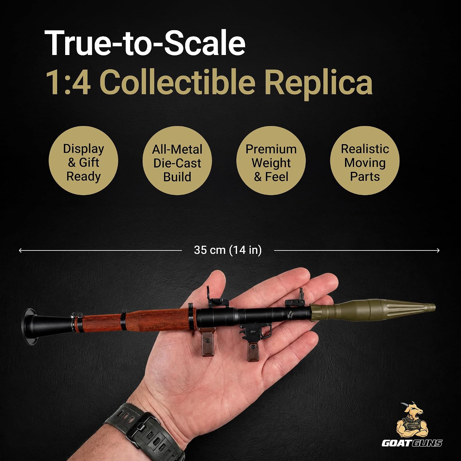 GOAT GUNS Miniature RPG Model | 1:4 Scale Diecast Metal & Real Wood Build Kit, Black | Non-Firing RPG Replica with Ejecting Warhead, Display & Man Cave | Collectible Military Model Kit, Adults