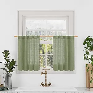 LAMIT Sage Green Linen Curtains 24 Inch Length, Semi Sheer Light Filtering Window Panels Back Tab and Rod Pocket Drapes for Basement/Small Windows, 25 x 24 Inch, 2 Panels
