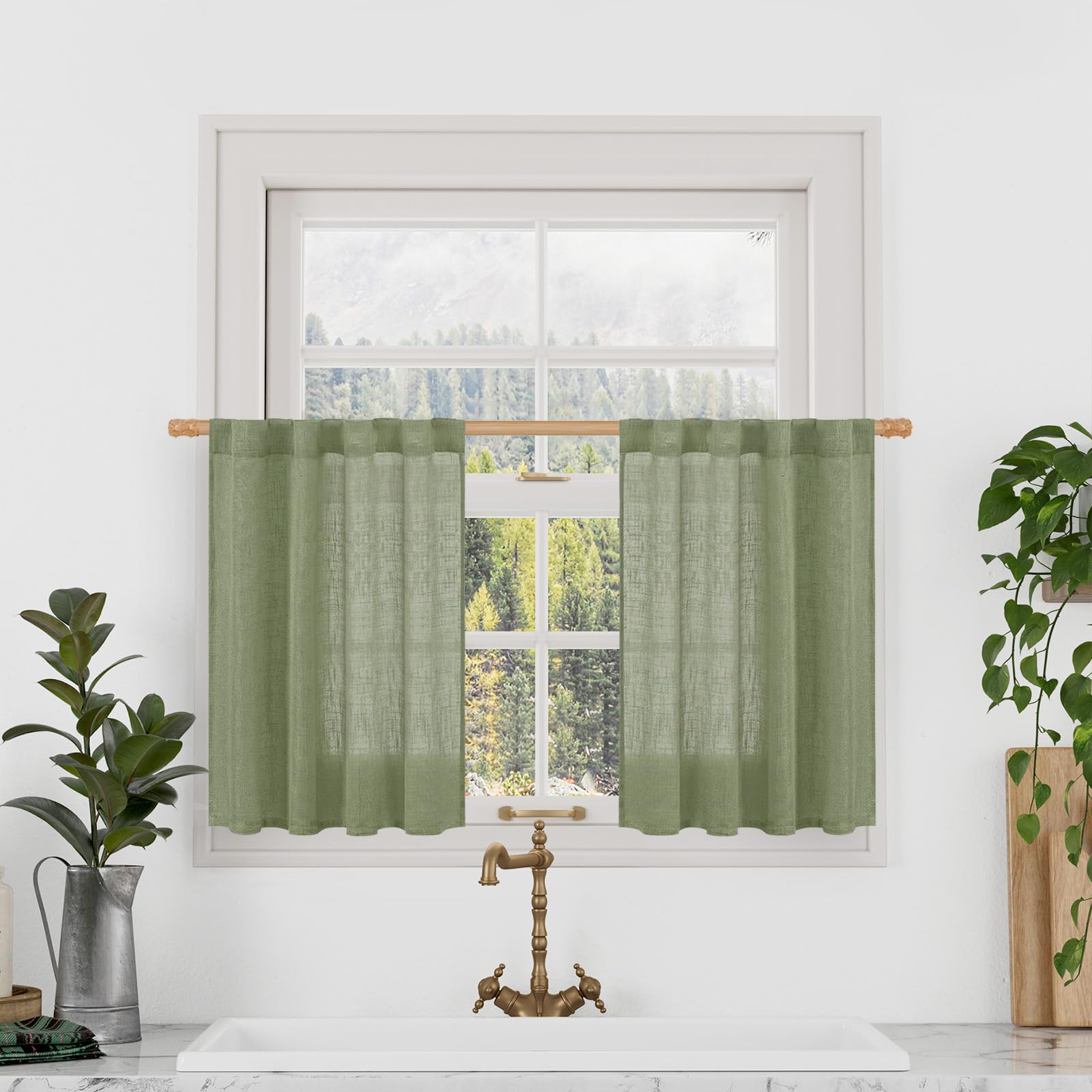 LAMIT Sage Green Linen Curtains 24 Inch Length, Semi Sheer Light Filtering Window Panels Back Tab and Rod Pocket Drapes for Basement/Small Windows, 25 x 24 Inch, 2 Panels โ image 1
