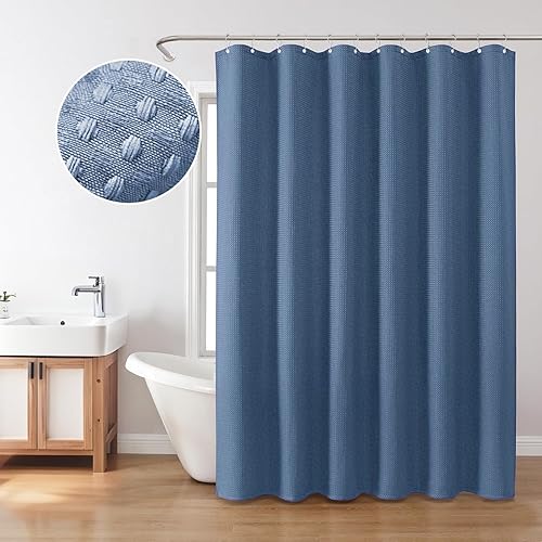 Miniatura 7 de Inhousolu - Cortina de ducha de tela con tejido de gofre, color azul claro de luna resistente de 7.16 ozm, dobladillo pesado, 14 ganchos de metal,