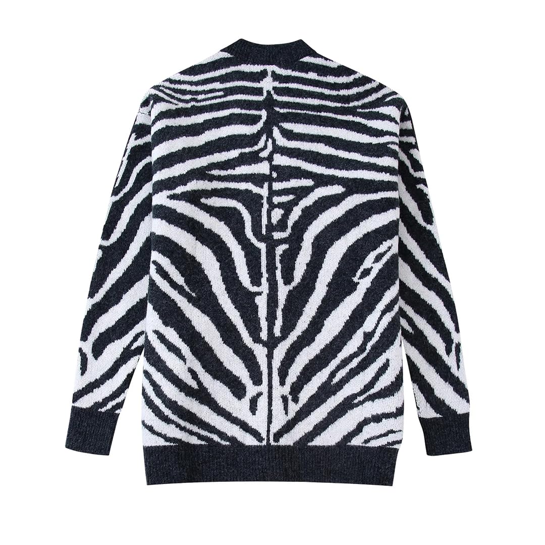 Disimlarl Chaqueta de punto con estampado de cebra para mujer, cuello en V, holgada, de manga larga, abrigo chic femenino
