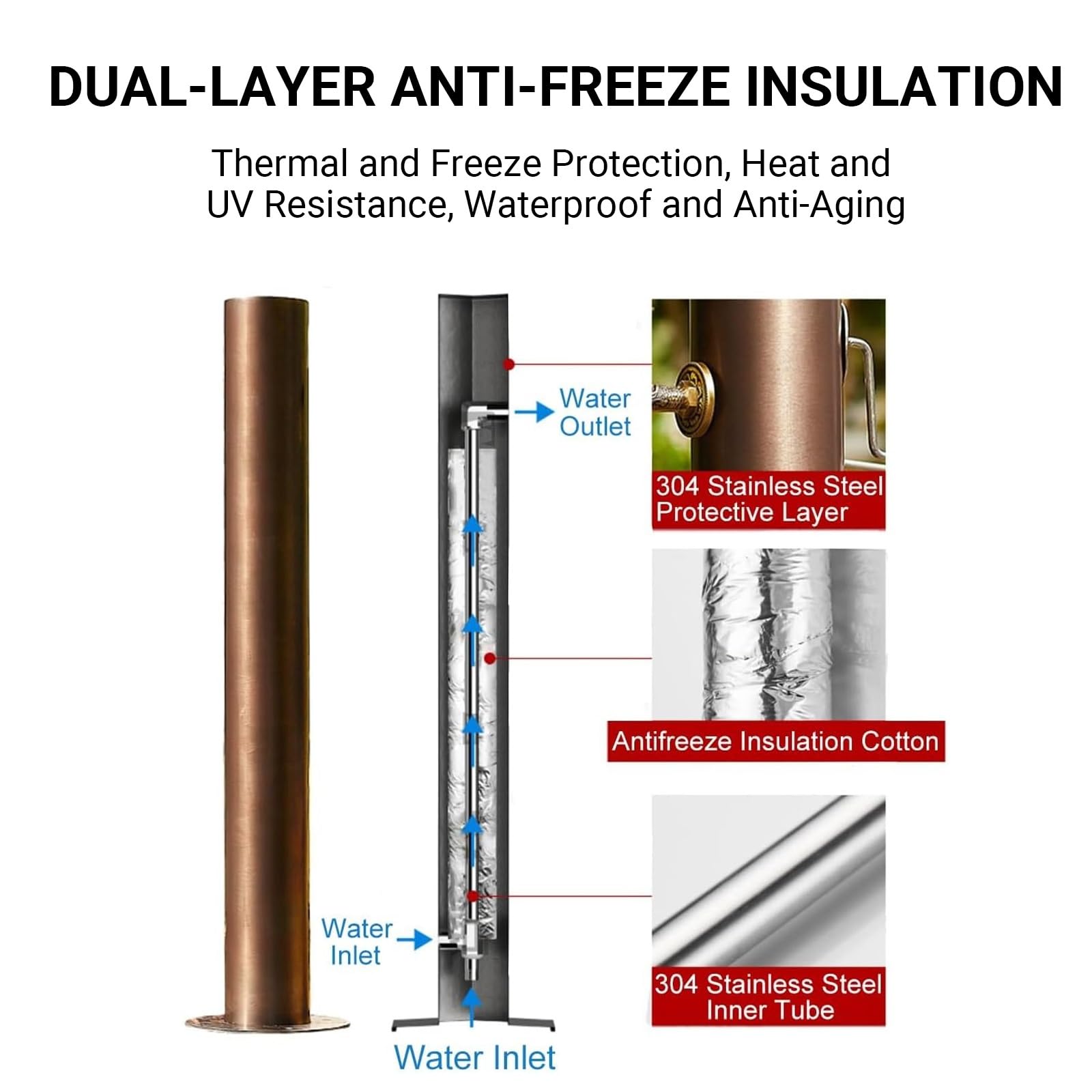 Genérico Columna de Agua para jardín con Grifo, hidrante Exterior de Acero Inoxidable 304, Grifo de Agua anticongelante montado en el Suelo, Doble Salida de latón con Gancho para Manguera p