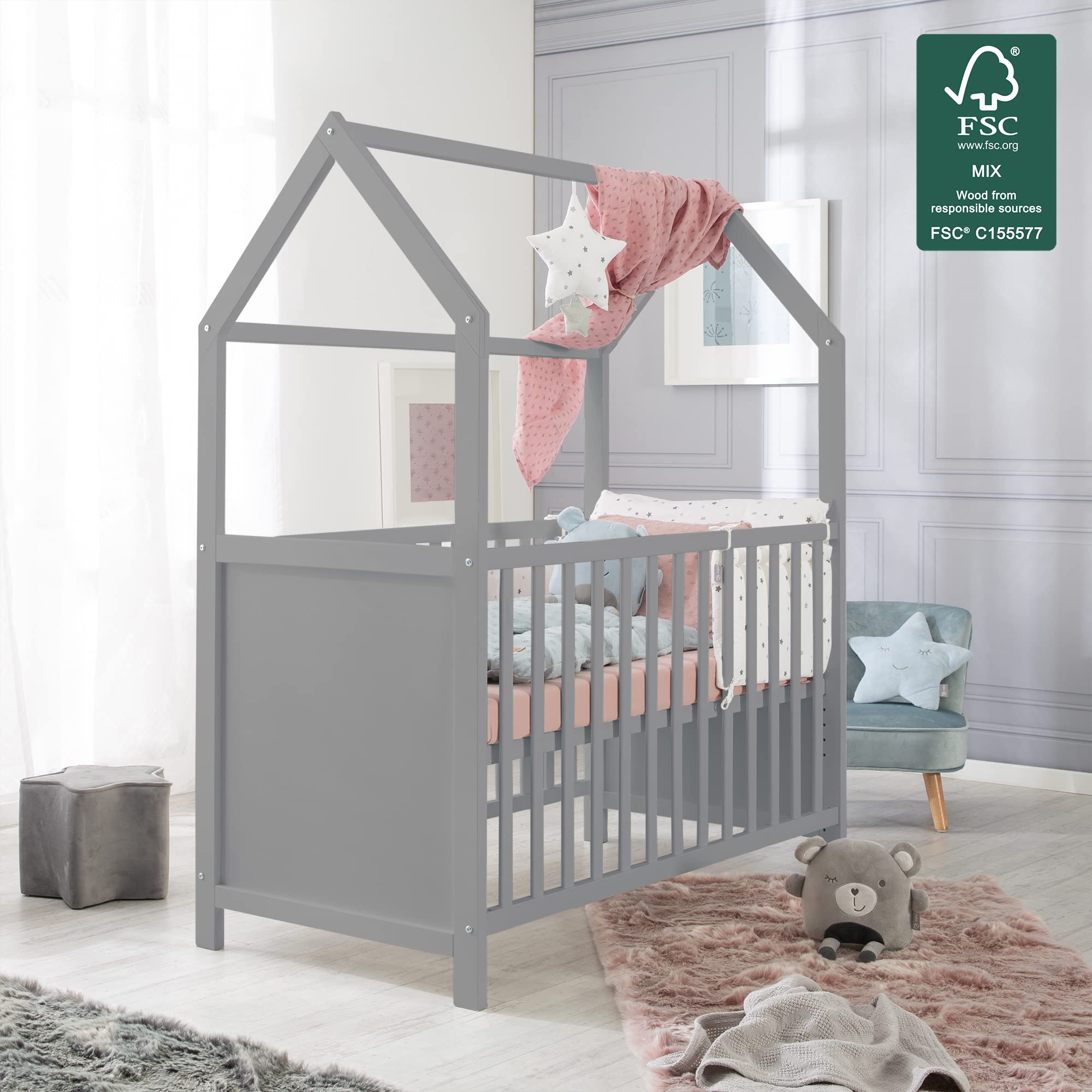 roba Lettino a Forma di Casa 60 x 120 cm - Certificato FSC - Culla Co-sleeping - Regolazione in 6 Altezze Diverse - Trasformabile - Legno Laccato Grigio