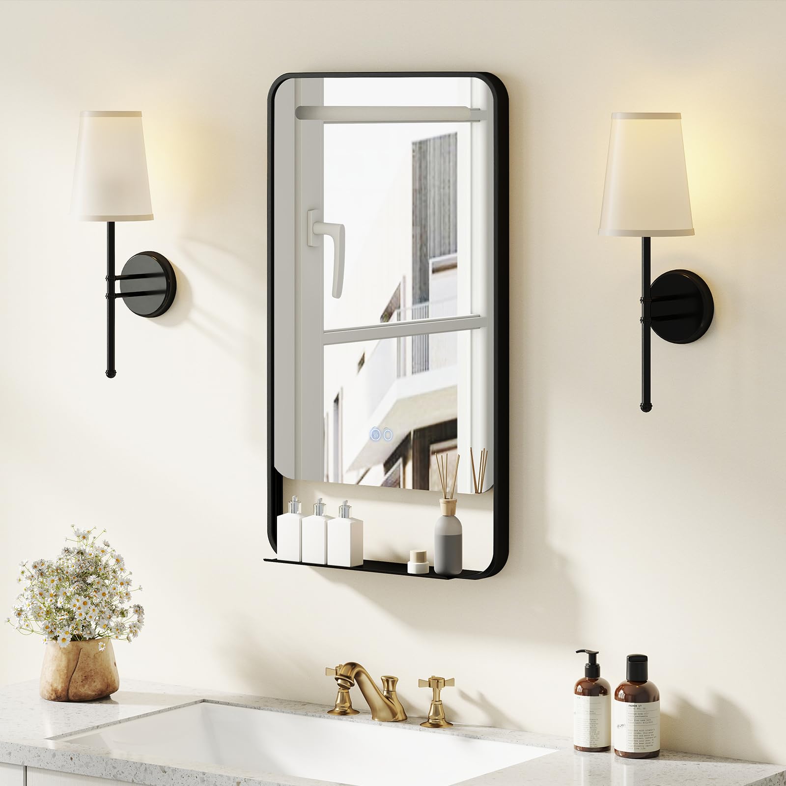 COSTWAY Specchio da Bagno LED 80 x 60 cm con Mensola, Specchio da Trucco con Cornice in Alluminio, Funzione Antiappannamento, 3 Colori di Luce e Luminosità Regolabile, Specchio da Parete
