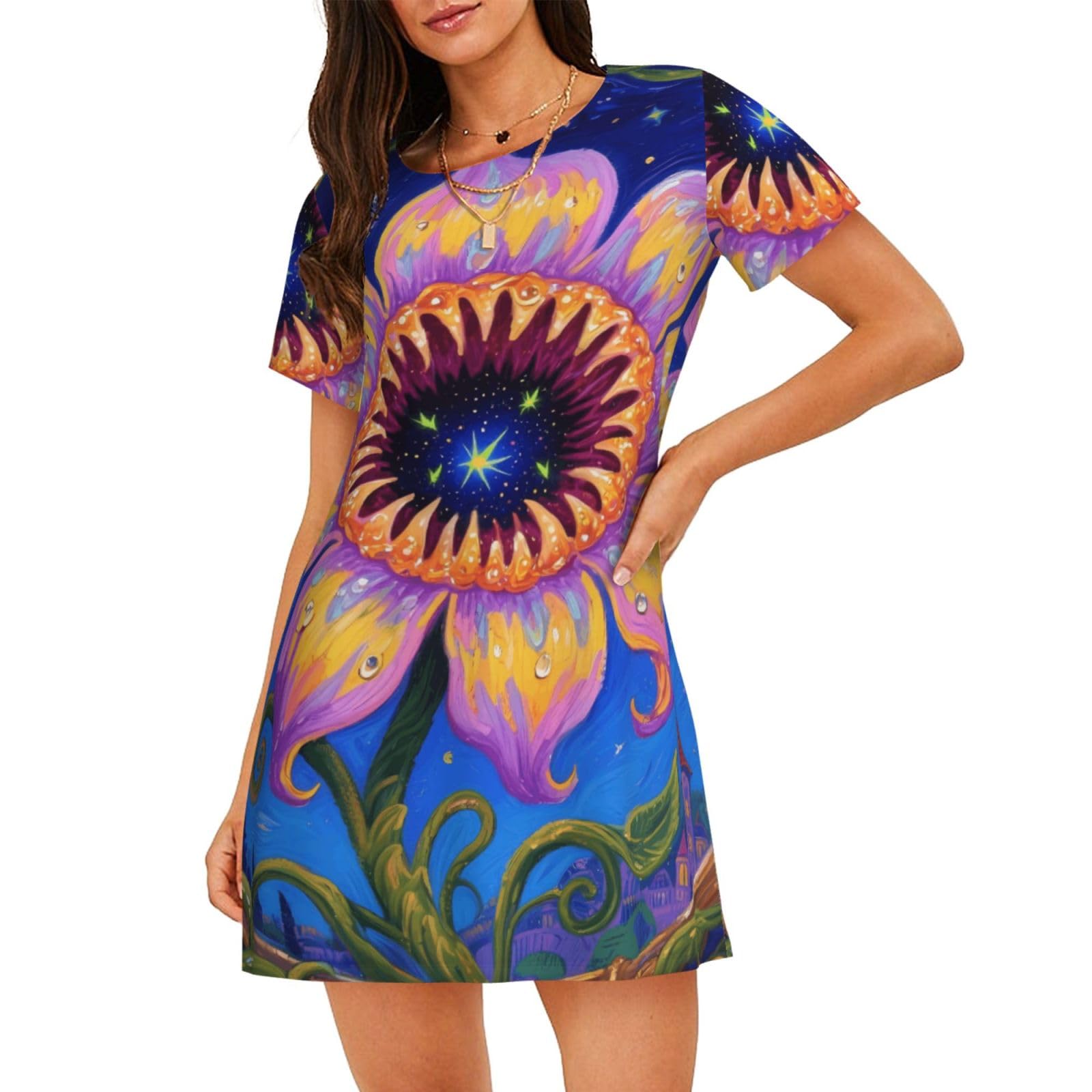 Zelinge Women's Purple Yellow Floral Nightgowns ’S Nightshirt Soft Nightdress Soft Sleepwear S-3Xl, L