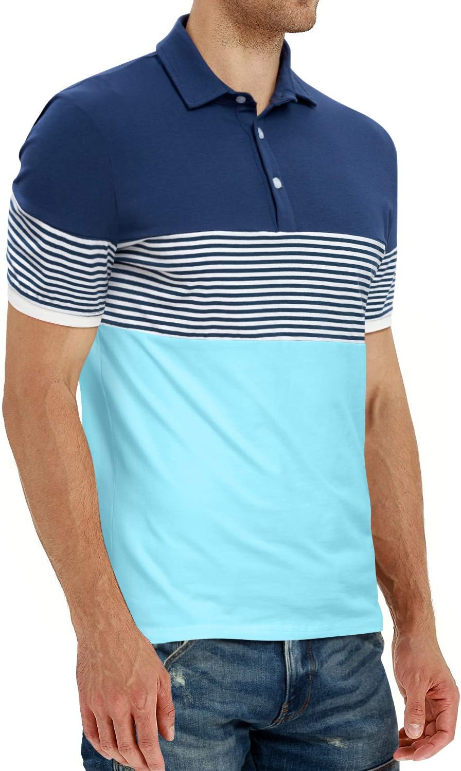 YTD Men's Short Sleeve Polo Shirts Casual Slim Fit Contrast Color Stitching Stripe Cotton Shirts Small 05 Blue