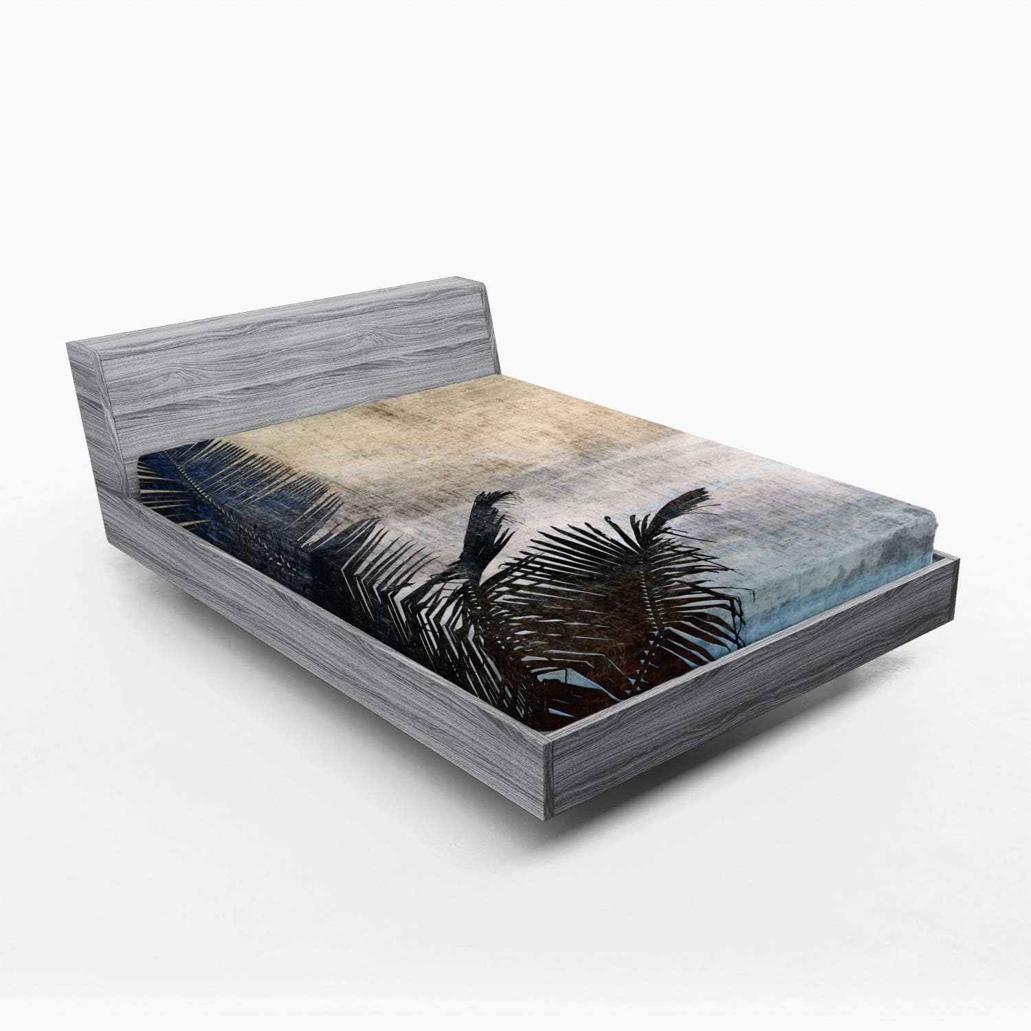 Ambesonne Hawaiian Fitted Sheet, Palm Tree Leaves on Grunge Background with Sea Vintage Waterscape Illustration, Bed Cover with All-Round Elastic Deep Pocket for Comfort, Queen Size, Beige Navy