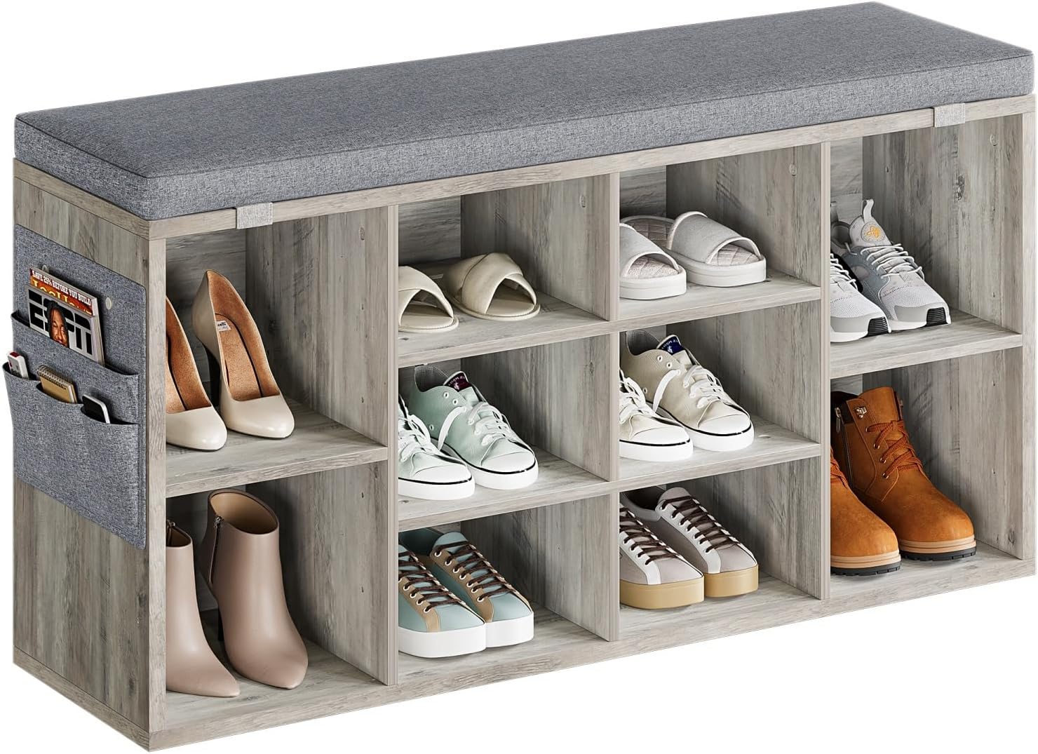 Entryway Shoe Bench with Storage, Shoe Rack with Cushion and Seating, Adjustable Shelf for Entryway, Bedroom, Living Room, Hallway (Grey, 41 inch)
