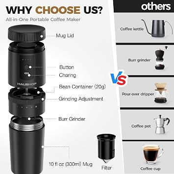 HAUSHOF Travel Coffee Maker,Coffee Grinder for Home,Camping | Hot & Cold Insulation;5 Adjustable Grind Levels;Grind & Brew in One;Portable Cordless Design