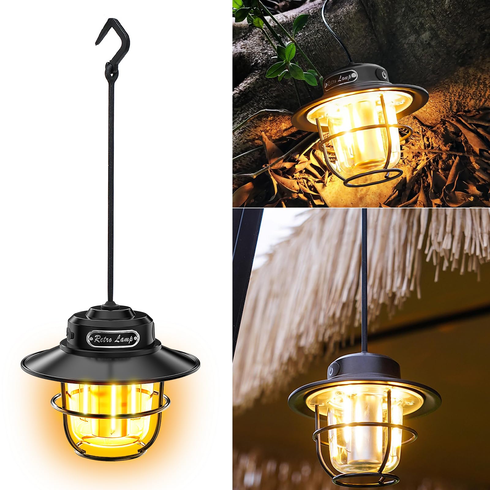 Lampa kempingowa LED, przenośna lampa kempingowa, ładowana, USB do zawieszenia, bezstopniowa regulacja natężenia światła 1300-6500 K, lampa wisząca w stylu retro, lampa kempingowa IPX4, wodoszczelna w