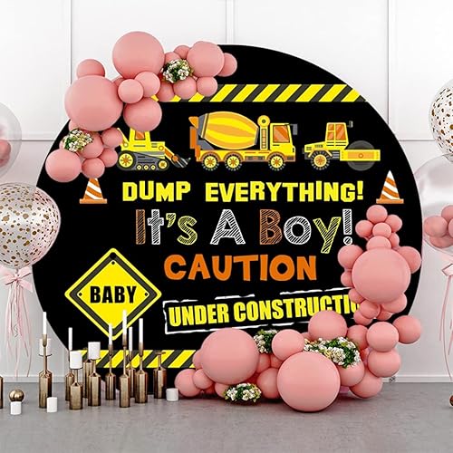 Miniatura 3 de DORCEV Diámetro de 3 pies de construcción temática de cumpleaños, cubierta redonda de telón de fondo para excavadora, grúa de constructor, camión