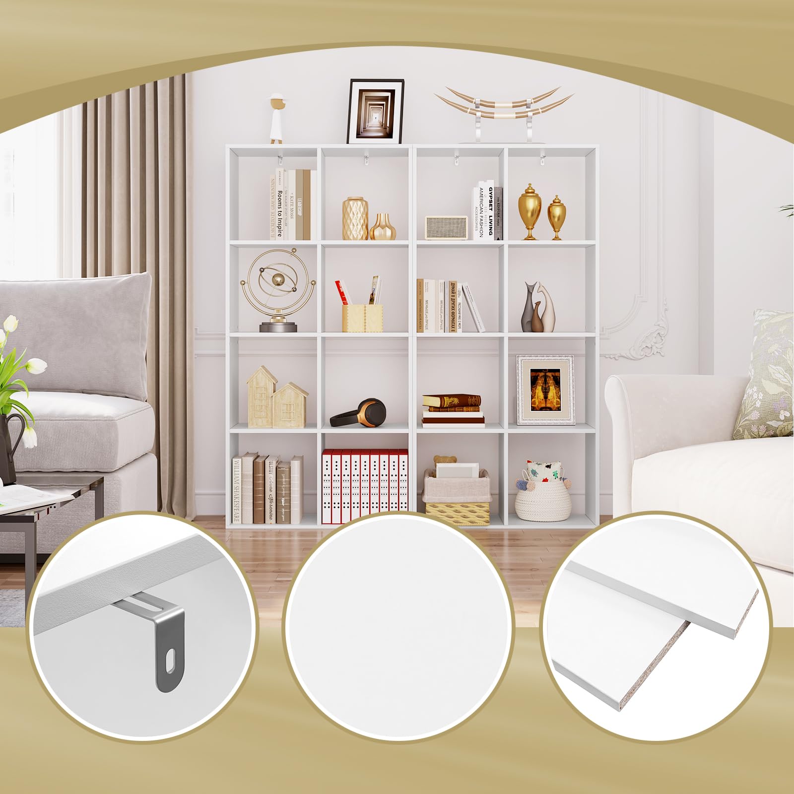 WOLTU Bücherregal mit 4 Ebenen, Standregal mit 8 Fächern Kippschutz, DVD-Regal aus Holzwerkstoff, als Raumteiler Aktenschrank, für Wohnzimmer Küche Büro, 71x140.5x29 cm, Weiß