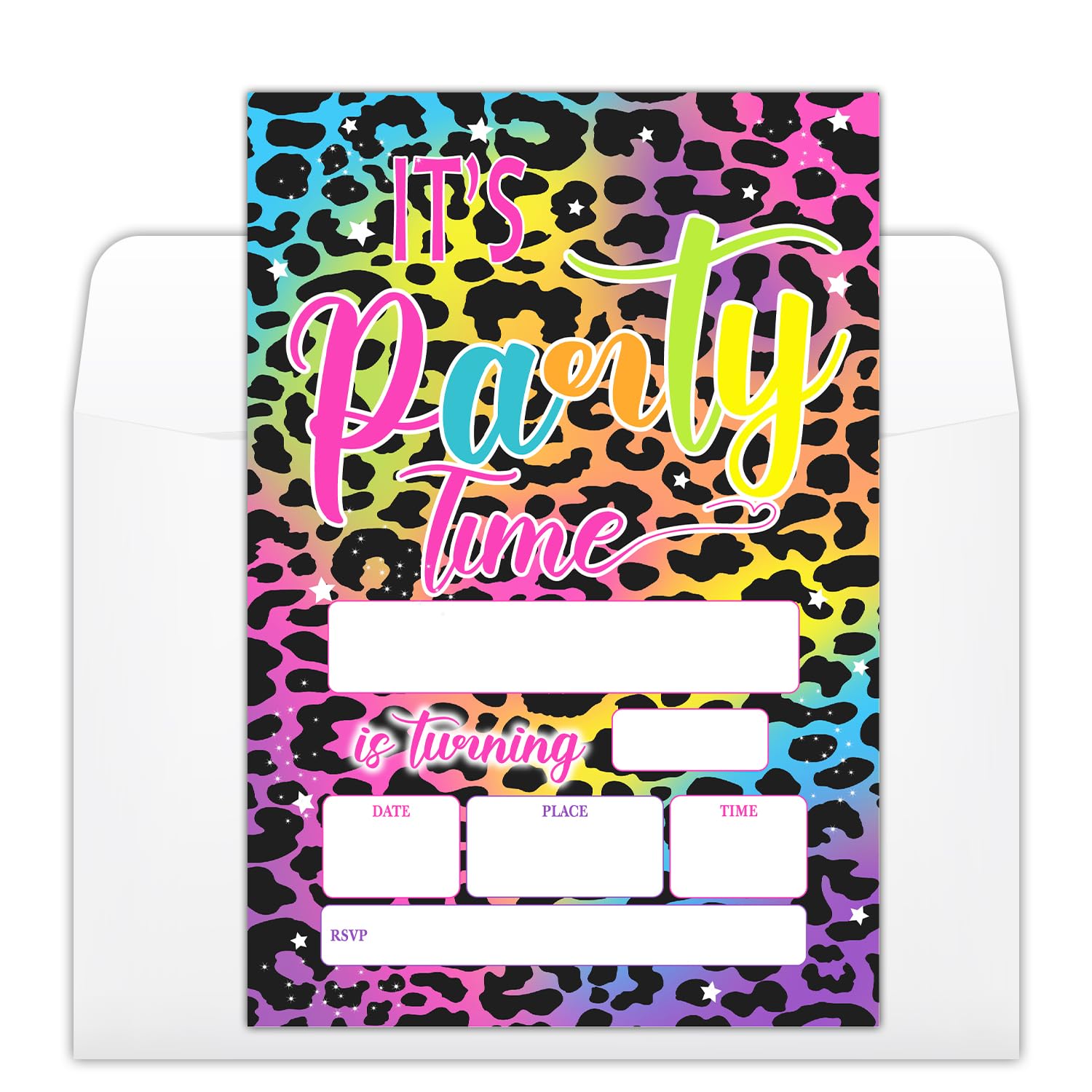 It's Party Time Birthday Party Invitations Cards with Envelopes, Rainbow Party Invitations, Leopard Print Birthday Celebration Supplies, Double-sided