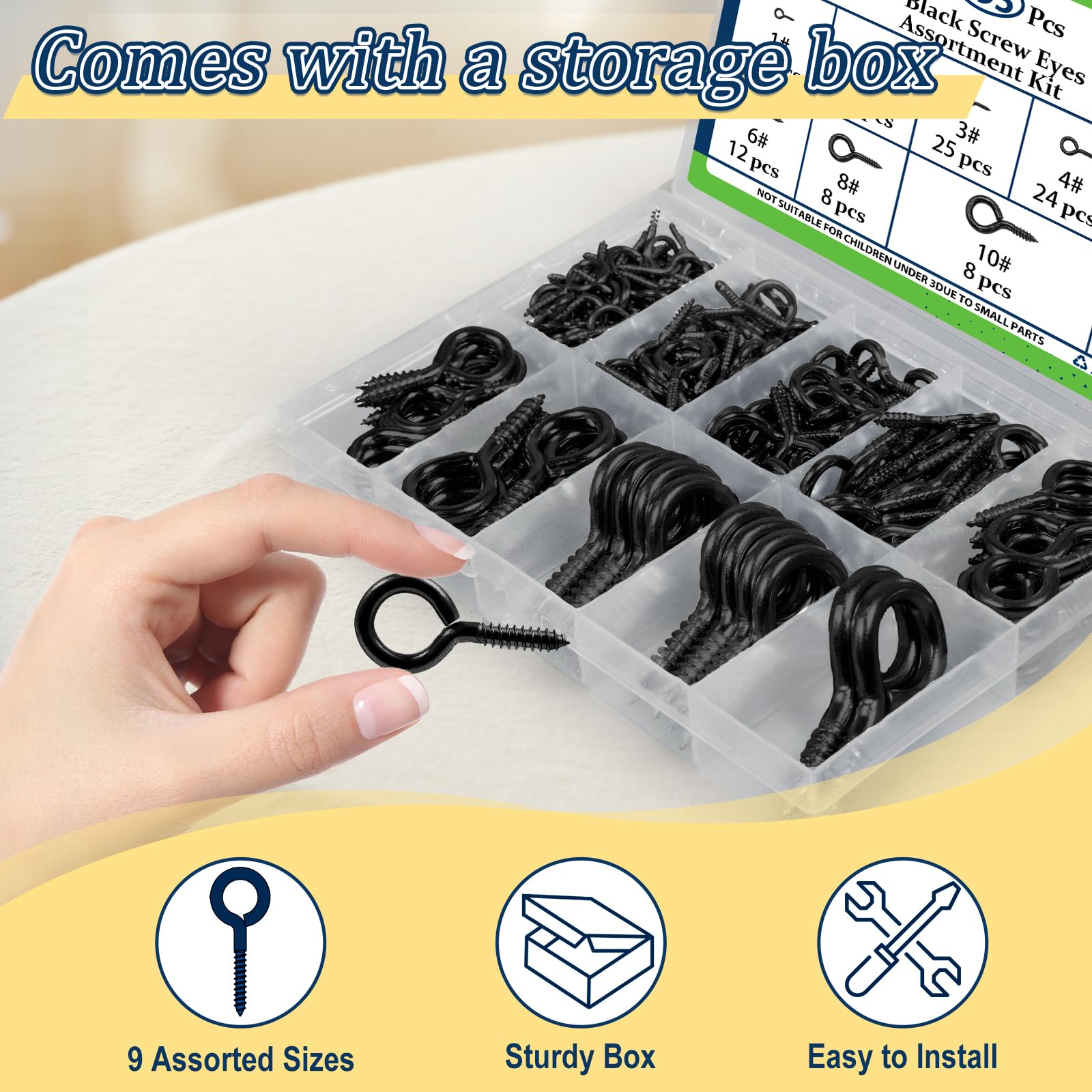 Vifmy Screw Eyes Assortment Kit(195Pcs),0.75" 0.78" 0.90" 1" 1.1" 1.18" 1.39" 1.57" 1.75" Zinc Plated Eyelet Screws,Metal Small Tapping Screw Hooks Ring,Black - Image 4
