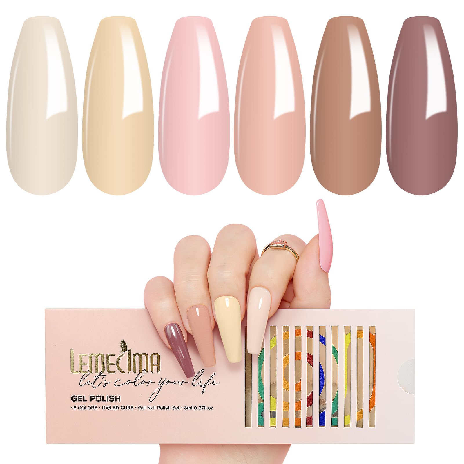 Lemecima Gel Nail Polish Set Nude - 6 Colours of Long Lasting UV Gel Nail Polish - Shellac Nail Polish Gift for Women - Nail Art Salon DIY at Home