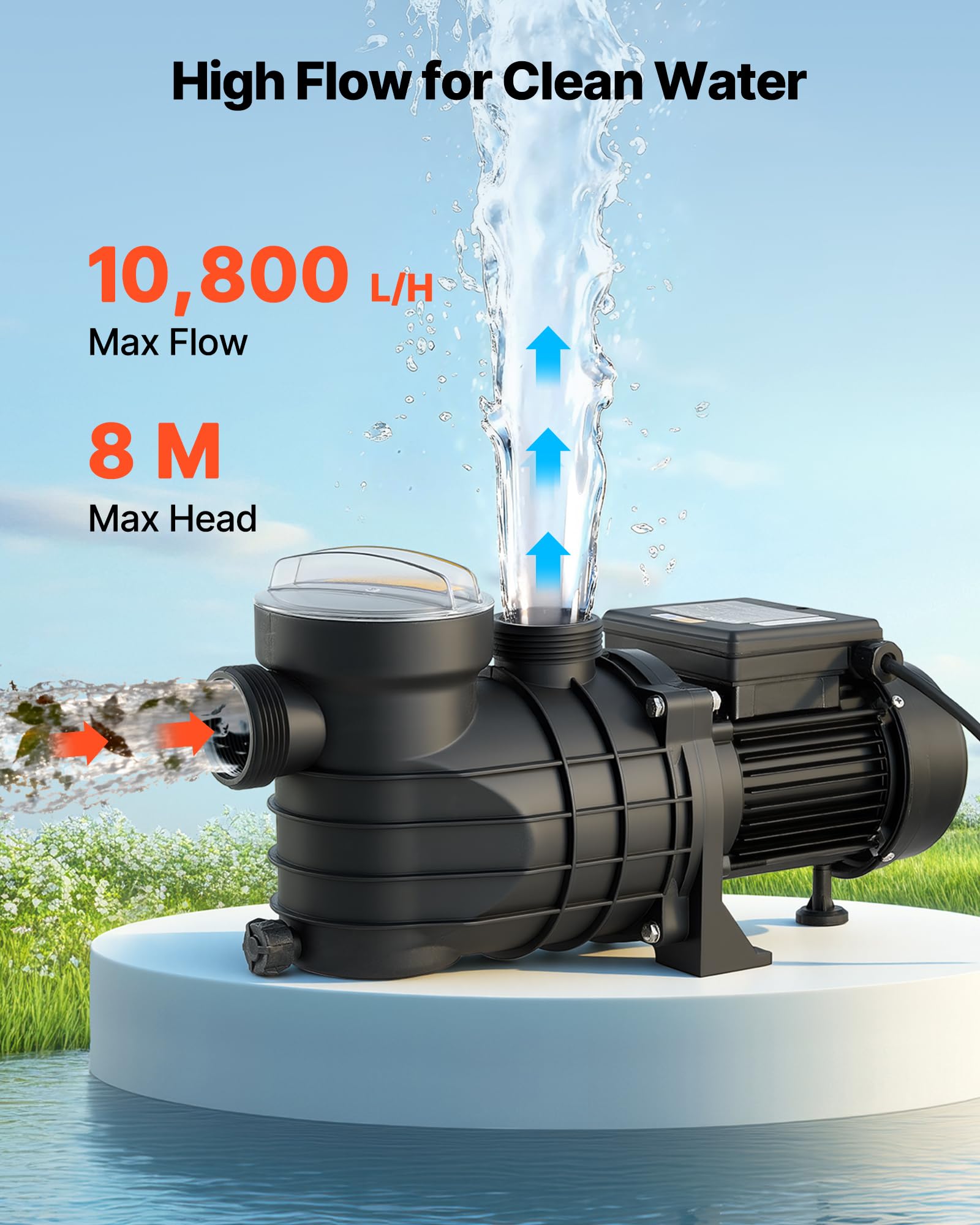 VEVOR Bomba para Piscina Elevada 180 W Caudal Máximo de 10800 L/H Bomba de Filtración para Piscina de Una Sola Velocidad, CA 220-240 V 2850 RPM, Altura de Elevación Máxima de 8 m, con Filtro y Tapa