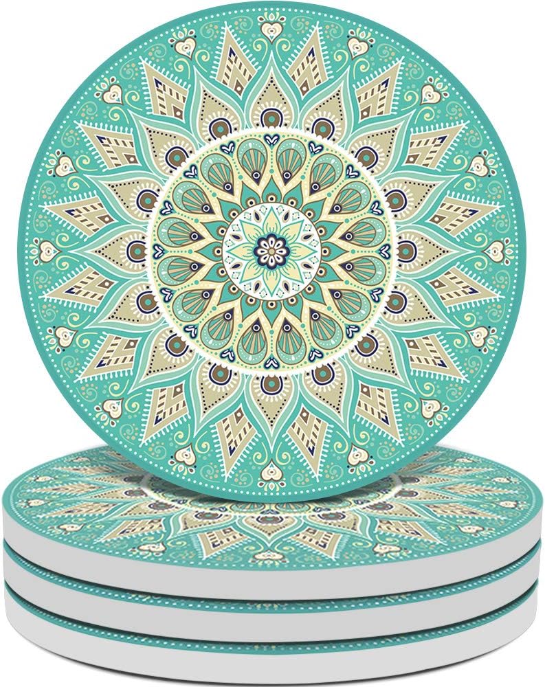 Kidac Coasters for Drinks Absorbent Ceramic Drink Coasters with Protective Cork Base Floral Mandala Pattern ( 4 Pack 4" )