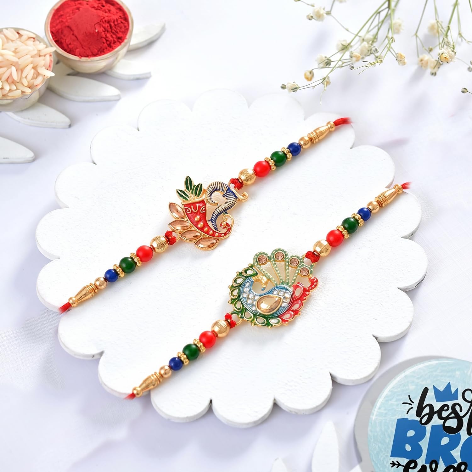 ascension Ganesh ji Peacock Kundan Meena Rakhi Raksha Bandhan Gift Band Moli Bracelet Stone Pearl Designer for Bhaiya with Roli Tilak & Best Brother Fridge Magnet-picture-13