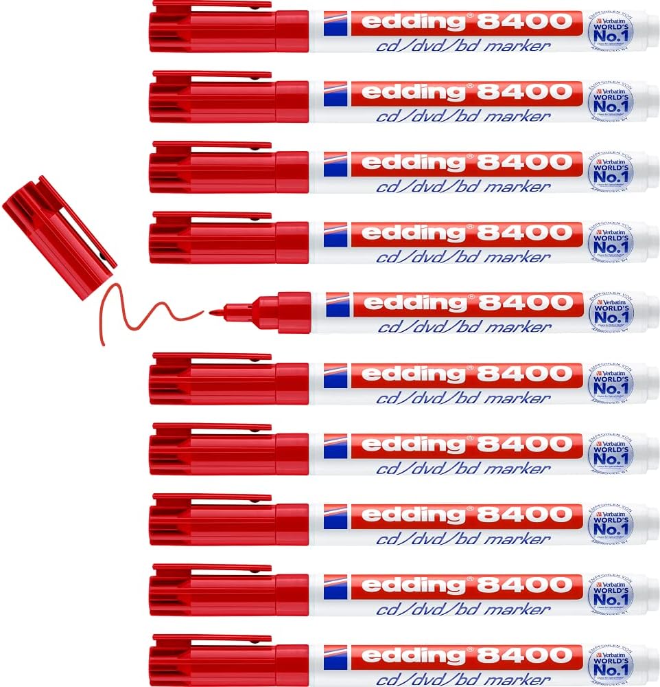 Edding 8400 Cd/DVD/Bd Marker - Red - 10 Pens - Fine Round Nib 0.5-1 Mm - for Permanent Labelling of Cds, DVDs and Blu-Ray Discs