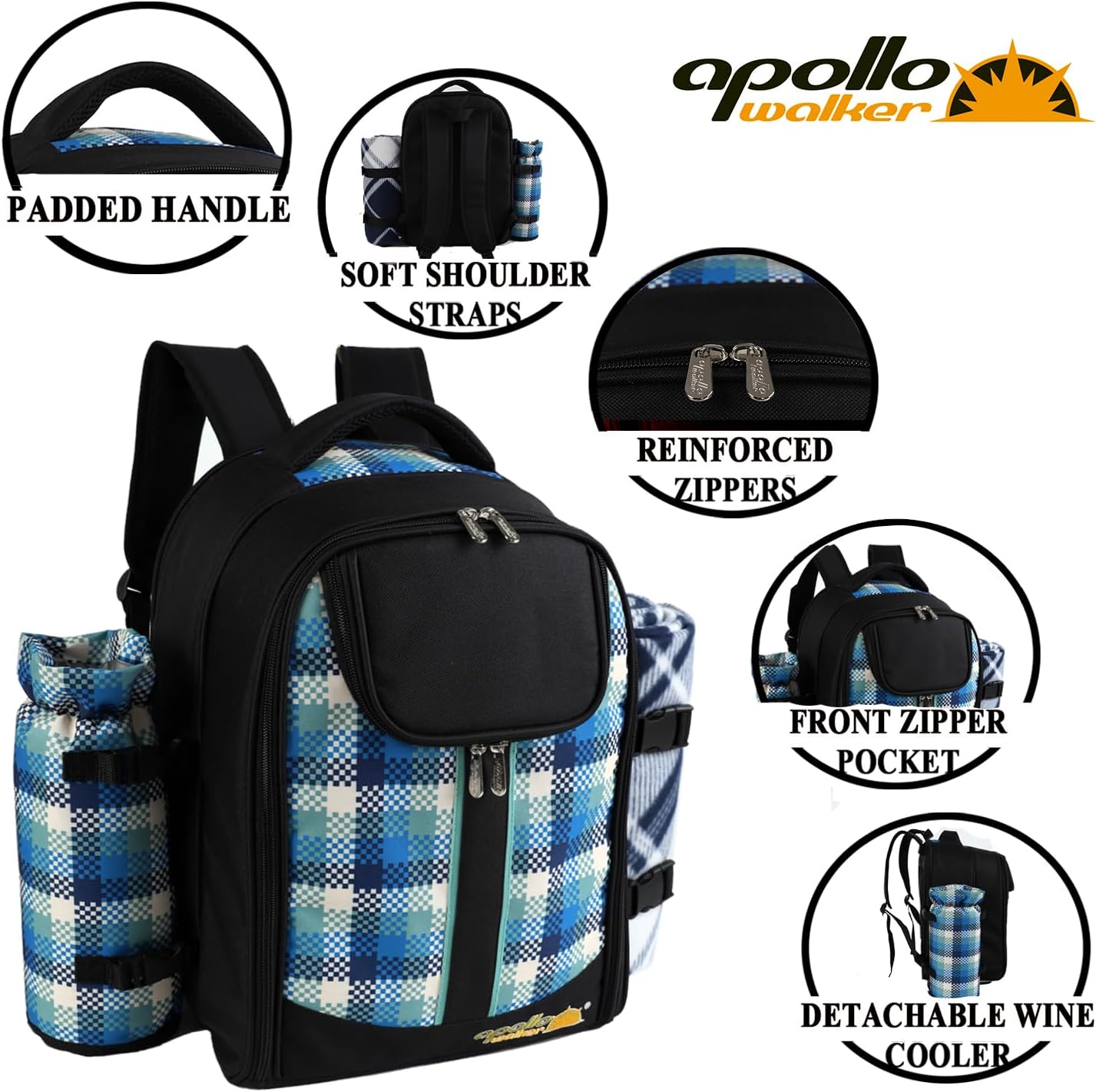 apollo walker Picnic Backpack Bag for 2 Person with Cooler Compartment, Detachable Bottle/Wine Holder, Fleece Blanket, Plates and Cutlery Set - Image 5