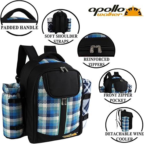 Miniatura 14 de apollo walker Mochila de picnic para 2 personas con compartimento refrigerador, soporte desmontable para botellas/vino, manta de vellón, platos