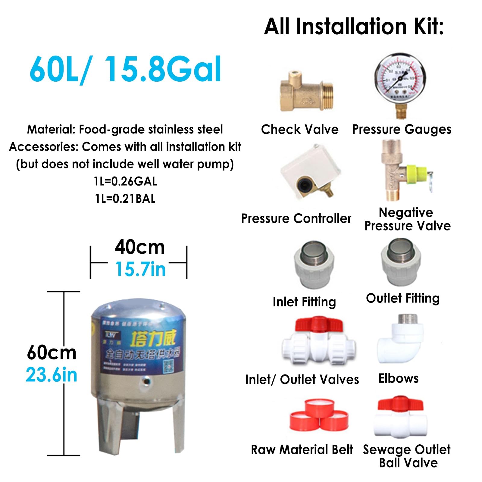 Vaso de expansión 60 100 160 200 250 300 400 L Tanque de presión de agua de acero inoxidable para sistema de agua/bomba de pozo, contenedores de vejiga de almacenamiento a presión de agua vertical (S