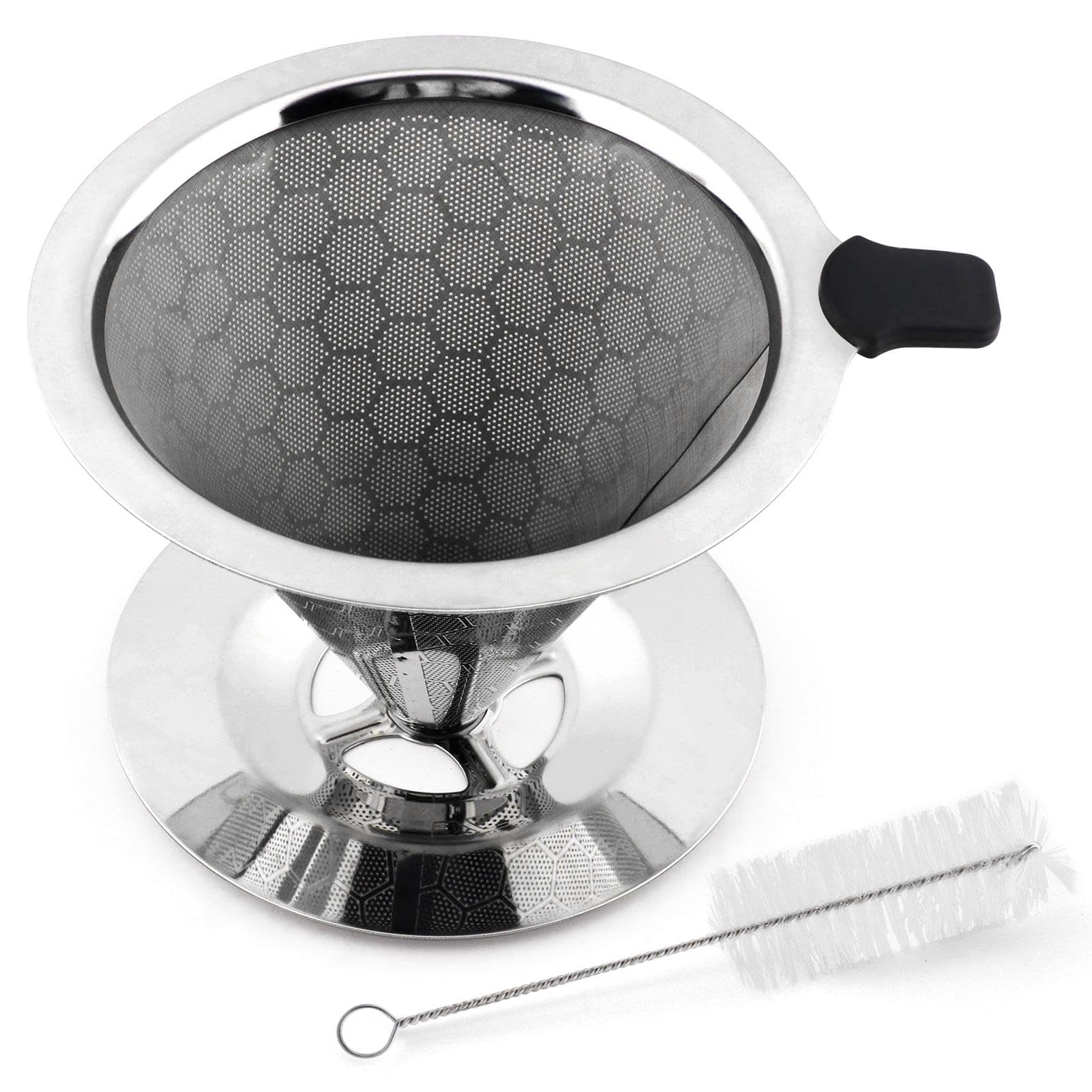 Pour Over Coffee Dripper, Reusable Stainless Steel Pour Over Coffee Filter with Brush, Easy Clean Double Mesh Filter, Permanent Paperless Filters with Base forCoffee Maker
