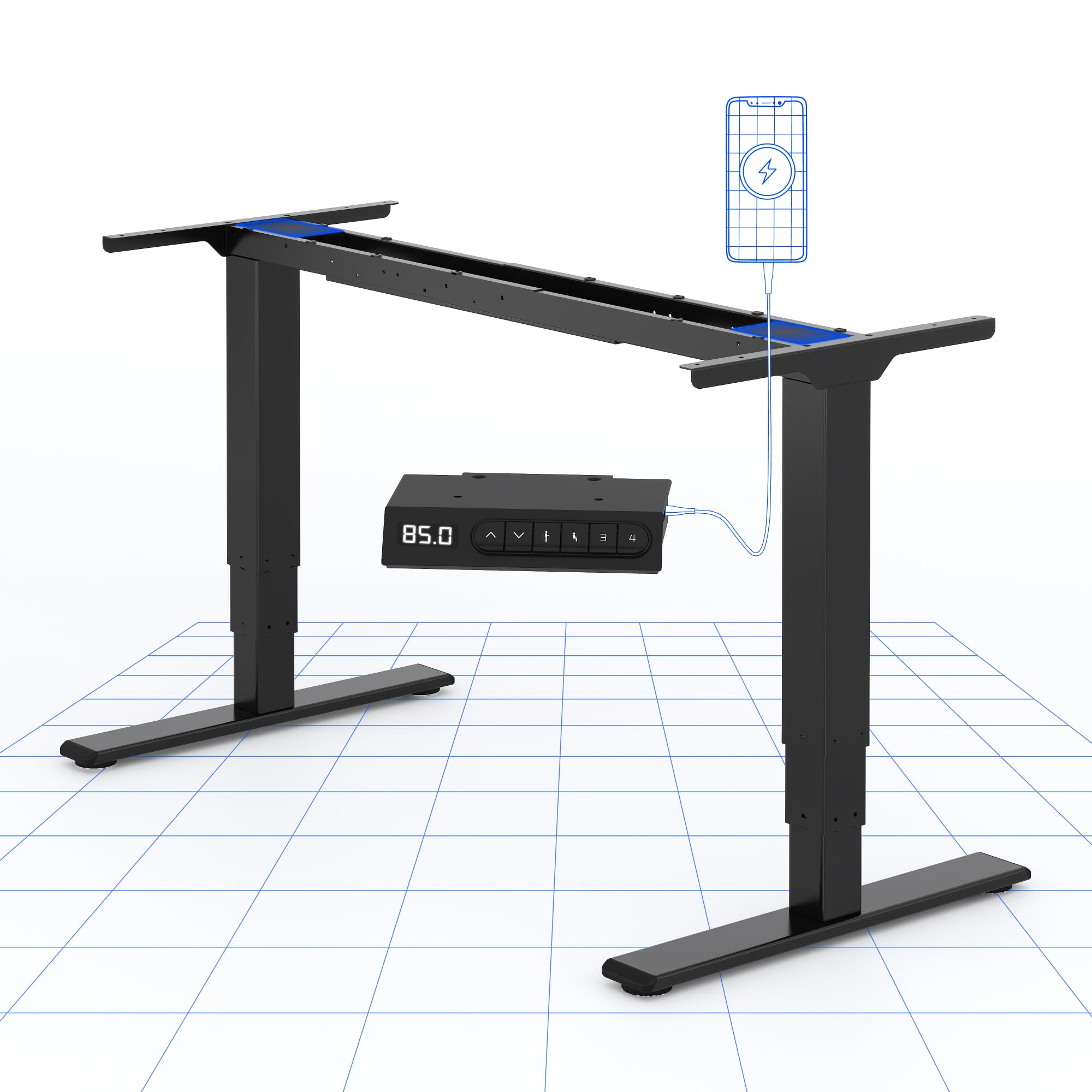 FLEXISPOT EC4 Escritorio Elevable Eléctrico Marco de Pie Mesa Regulable Altura Eléctrico con 2 Motores 3 Etapas, Panel de Control con Puerto USB de Tipo C/A, 60-125cm, Capacidad de Carga 120KG-Negro
