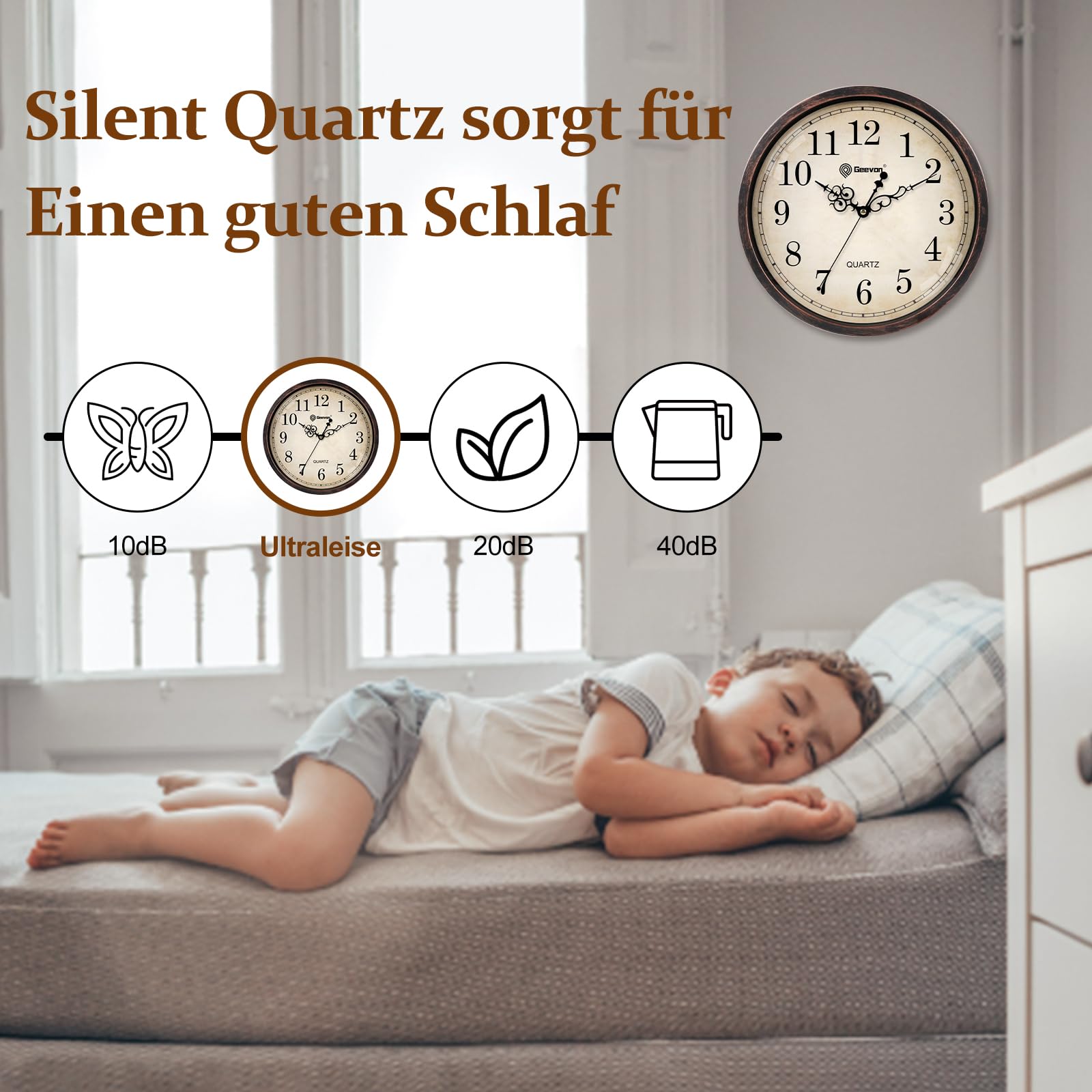 Geevon Retro-Wanduhr, geräuschlos, Nicht tickend, rund, Vintage, Quarz, dekorative batteriebetriebene Wanduhr für Küche, Büro, Klassenzimmer, Schlafzimmer, Wohnzimmer (Retro Dunkelbraun, 12 Zoll)