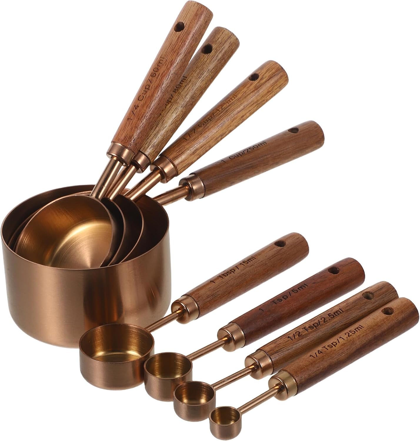 FUOYLOO 8pcs Stainless Steel Measuring Cups and Rose Gold Measuring Spoons Set with Wooden Handles, Precision Kitchen Utensils for Baking and Coffee, Sturdy Metal Mixing and Spice Scoops