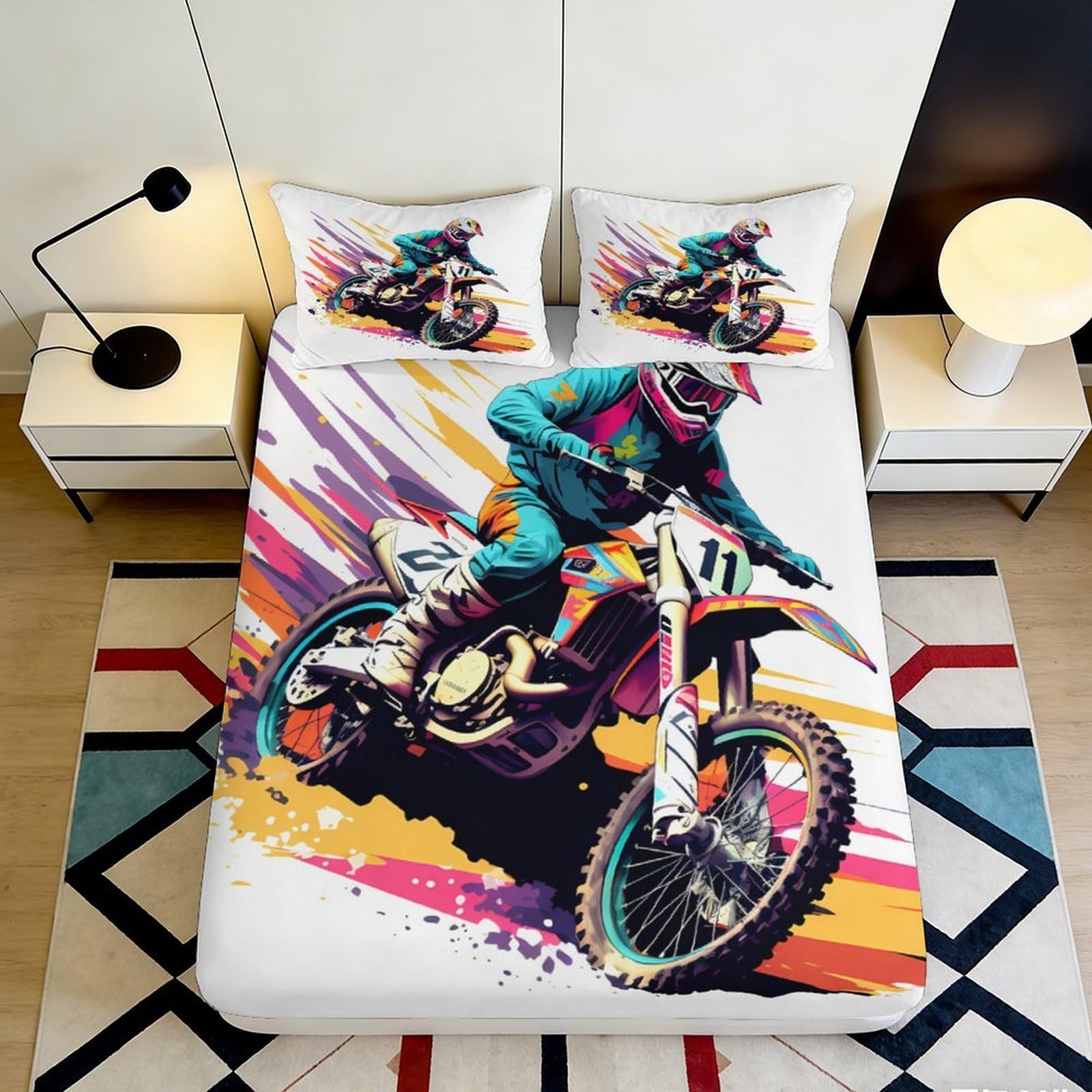 3D Printed Motocross Rider Fitted Sheet Microfiber Anti-Slip Youthful Graffiti Mattress Cover Bedroom Dorm Protector 90x200x25cm