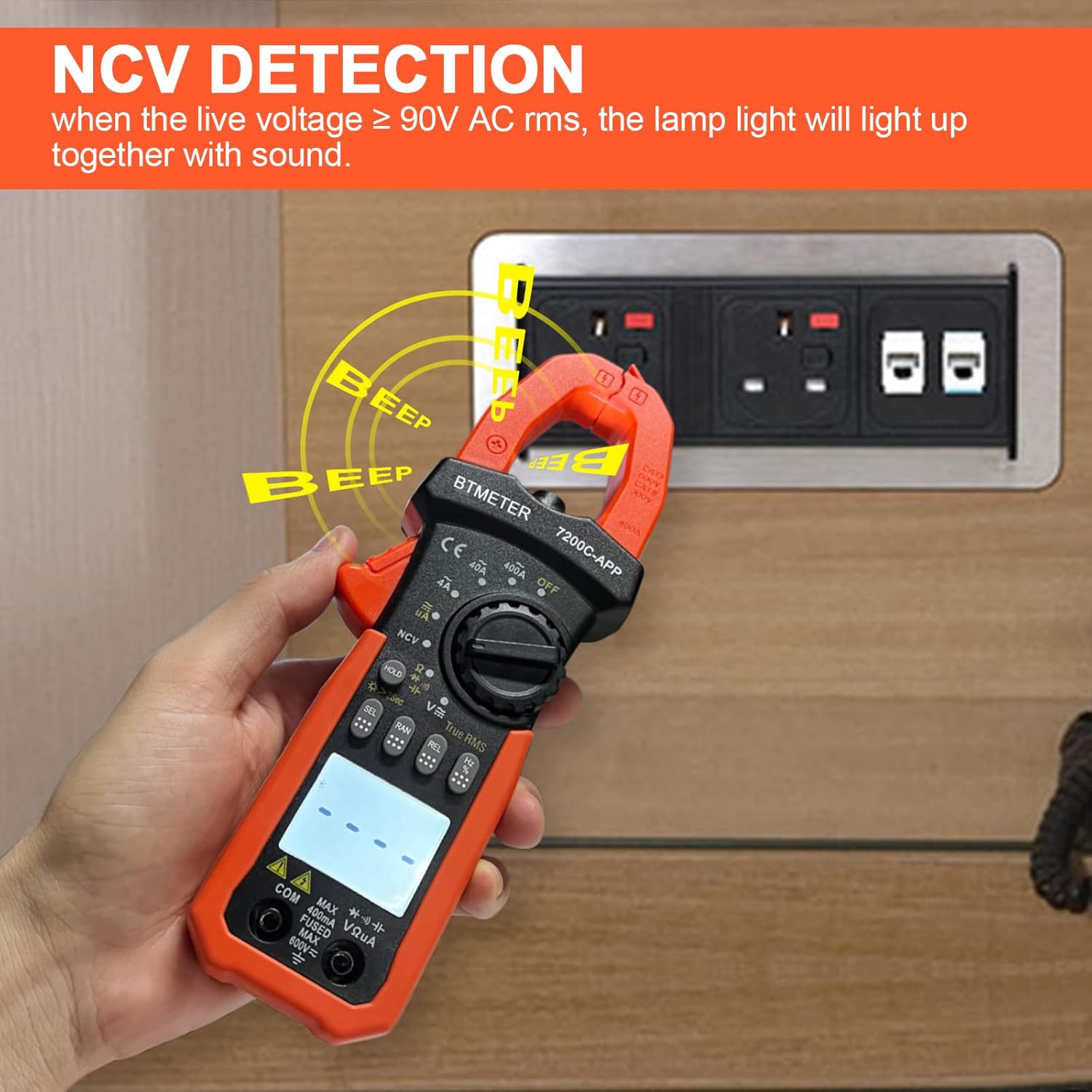 BTMETER BT-7200CAPP Clamp Meter performing NCV detection near an electrical outlet, with visual and audible alerts indicated.