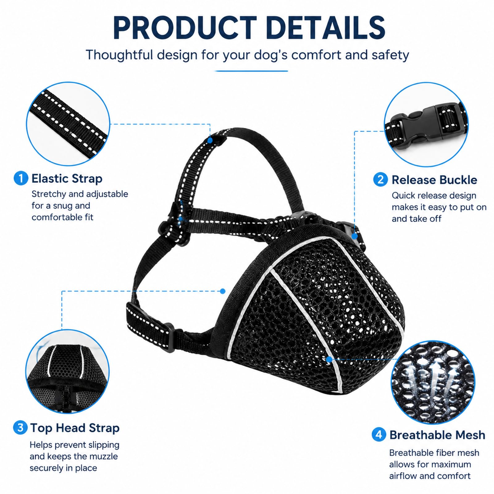 Muselière pour Chien, Respirante, réglable, Anti-Fress, réfléchissante, Protection légère, pour Chiens de Petite, Moyenne et Grande Taille, Panier de Dentition, en Maille, Noire, Taille (S)