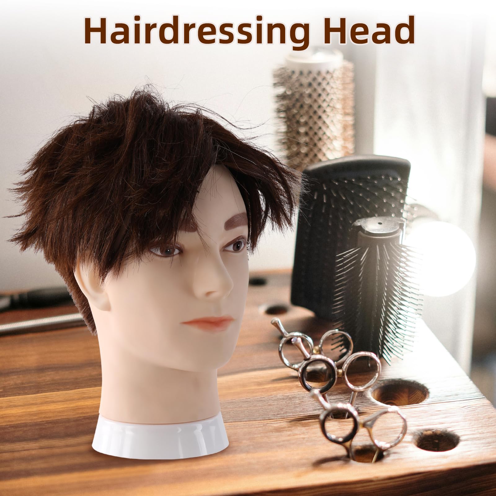 Cabeza Maniqui Peluqueria Hombre Pelo Natural 100%, Uomo Práctica Cabeza Peluquero de Entrenamiento Maniquí para Estudio Profesional en la Cosmetología con Soporte