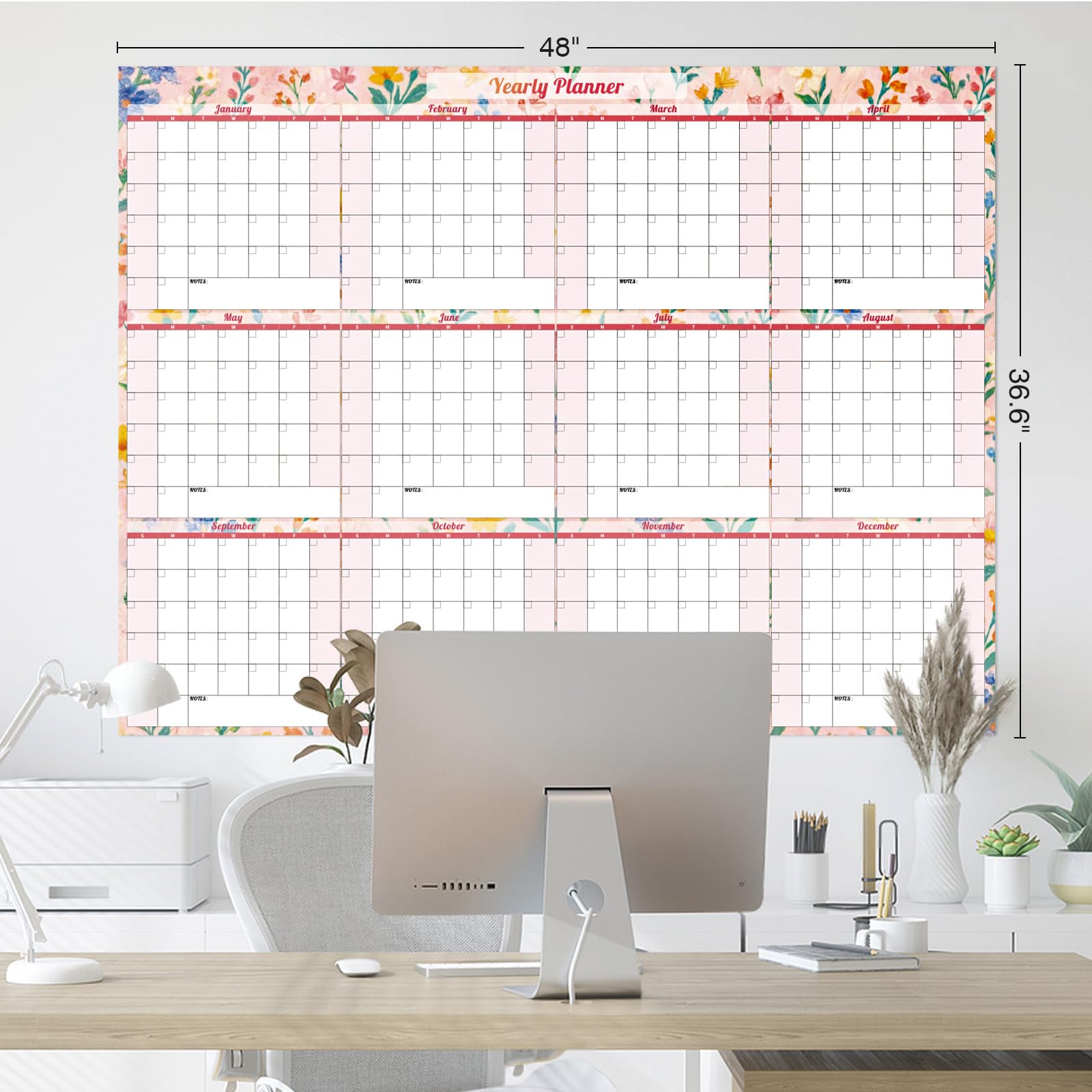 Ospelelf Calendario da parete 2025 non datato, grande, laminato, cancellabile a secco, 90 x 122 cm, calendario familiare annuale di 12 mesi